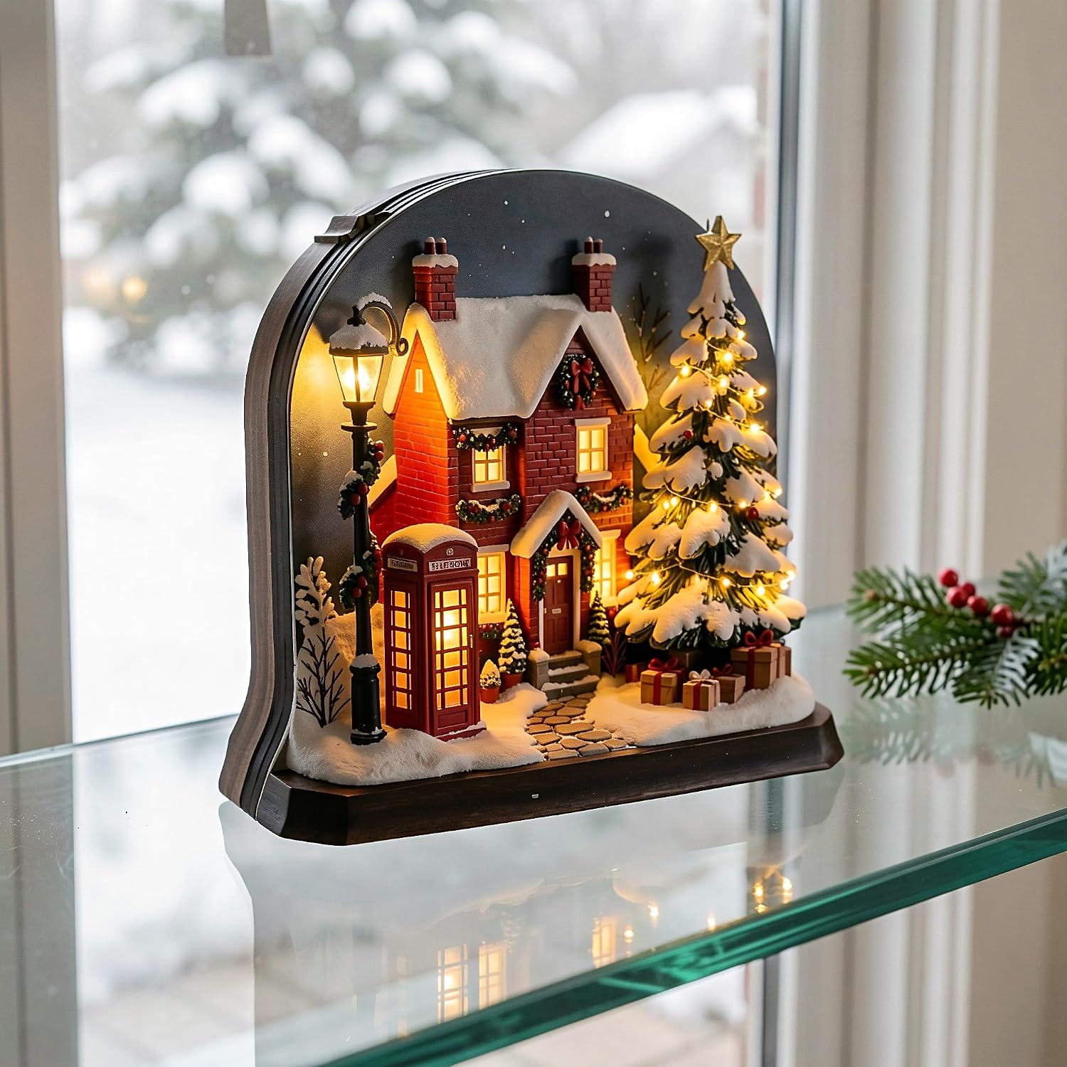 Ipetboom Wooden Christmas House with LED Lights, Holiday Decor