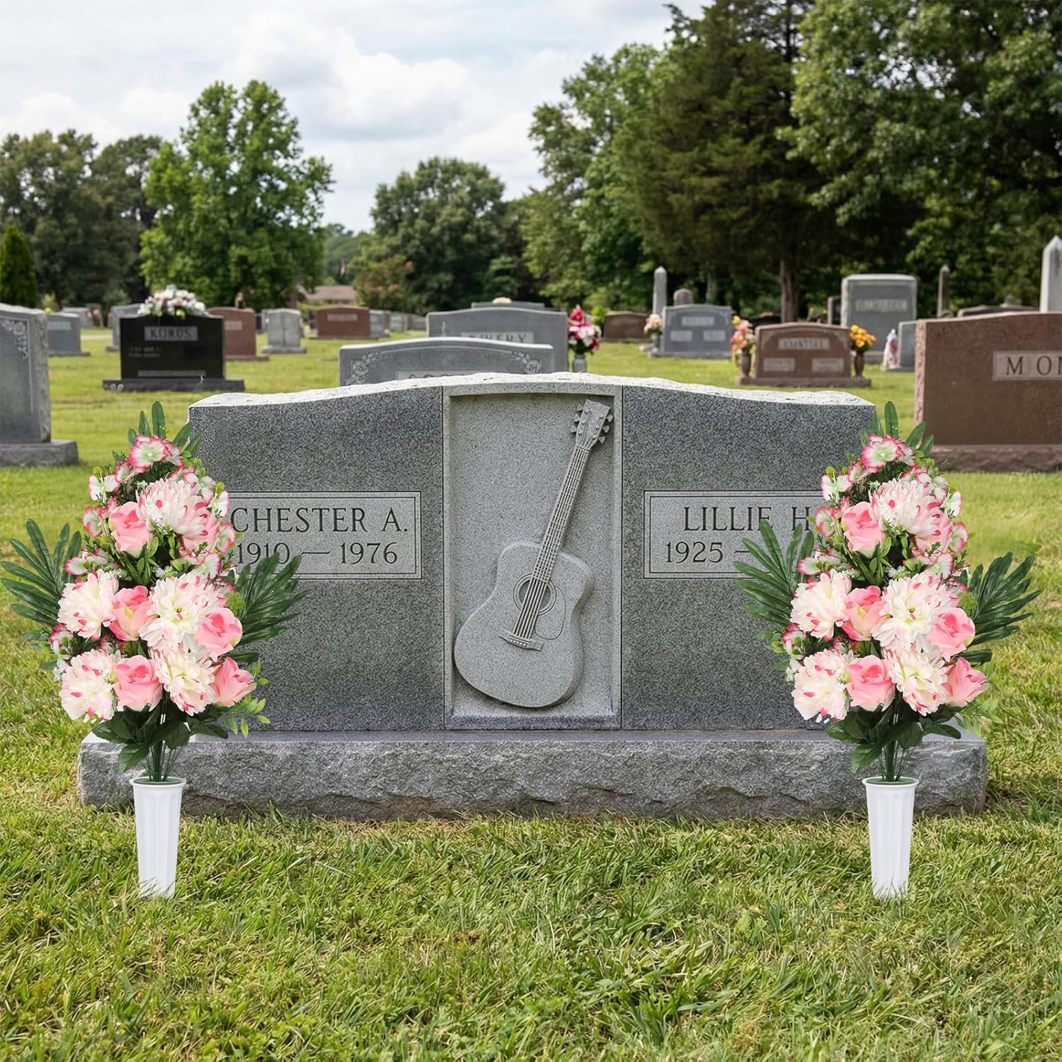 2PCS Artificial Pink Cemetery Flowers, Mixed Chrysanthemum and Peony Flower Bouquets, Cemetery Flowers with Vase for Memorial Day Funeral Floral Arrangements,Headstone Decorations (Pink)