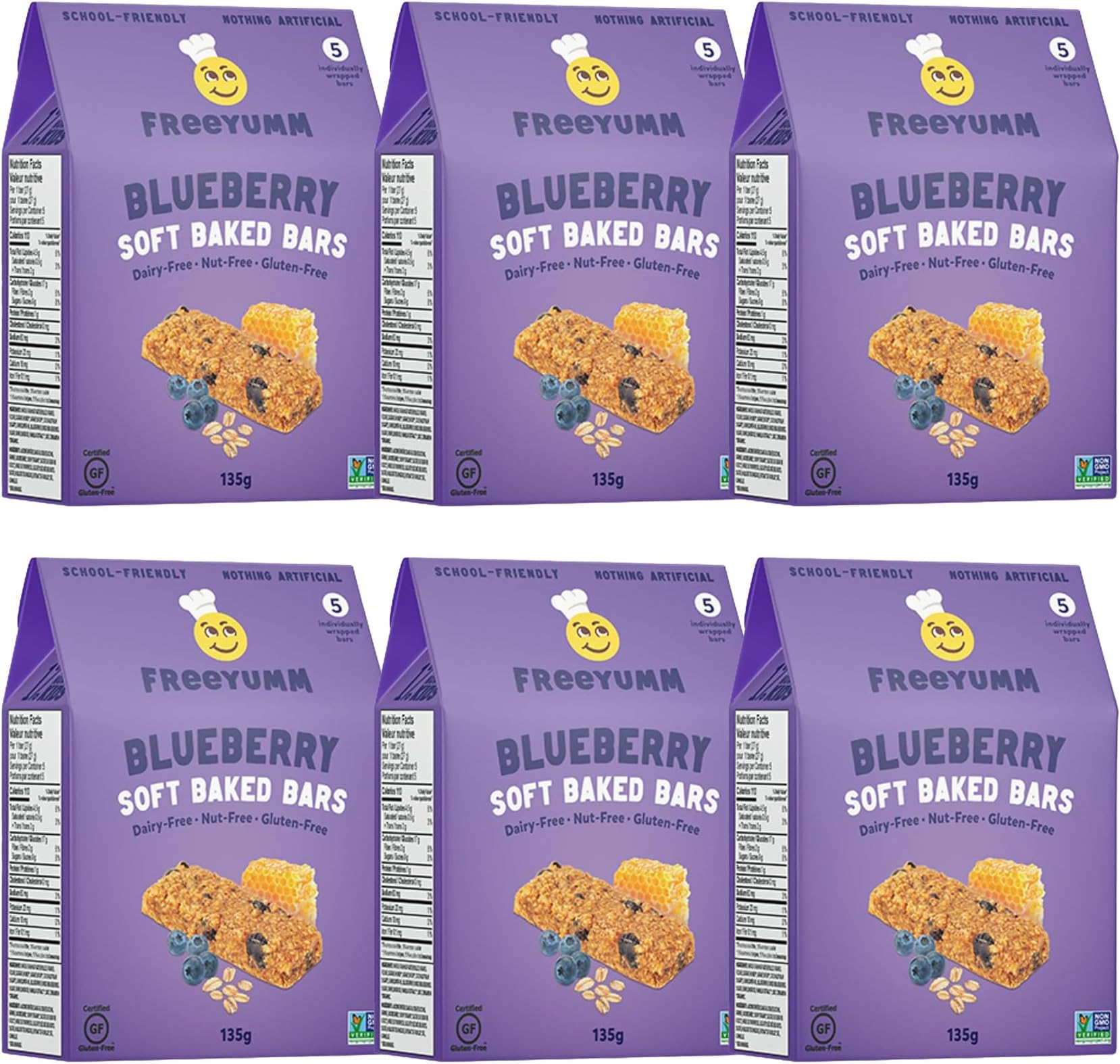FreeYumm Blueberry Soft Baked Bars - Allergy Friendly Snacks - Gluten Free - Safe for School - 30 Individually Wrapped Bars