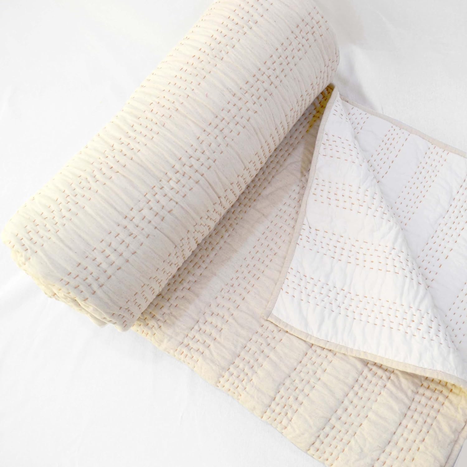 Beige Cotton Linen Quilted Bedspread OR Quilts with Stripe Pattern Quilting, (King)