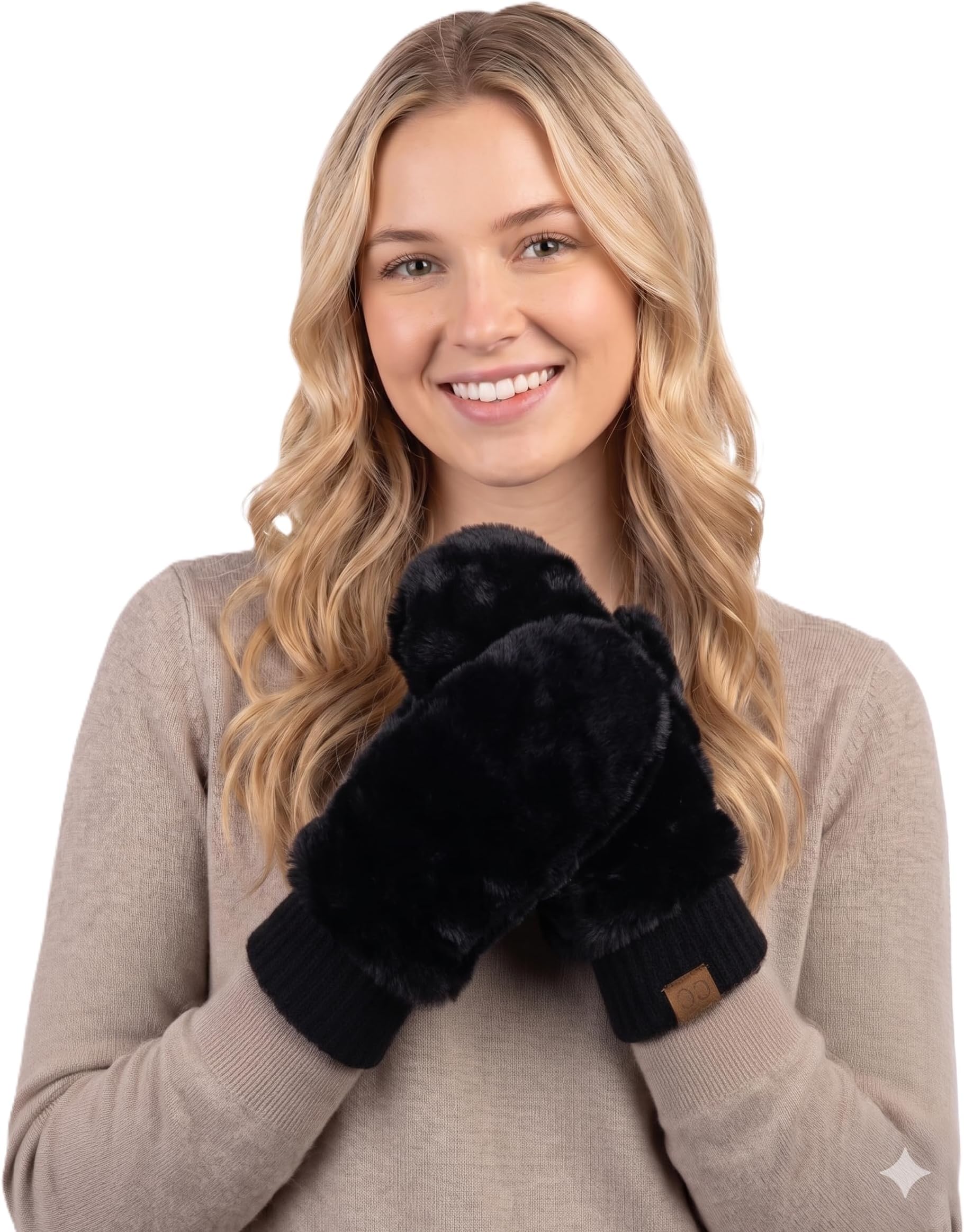 Women's Faux Fur Wrist Length Fingerless Sherpa Lined Convertible Mittens Gloves