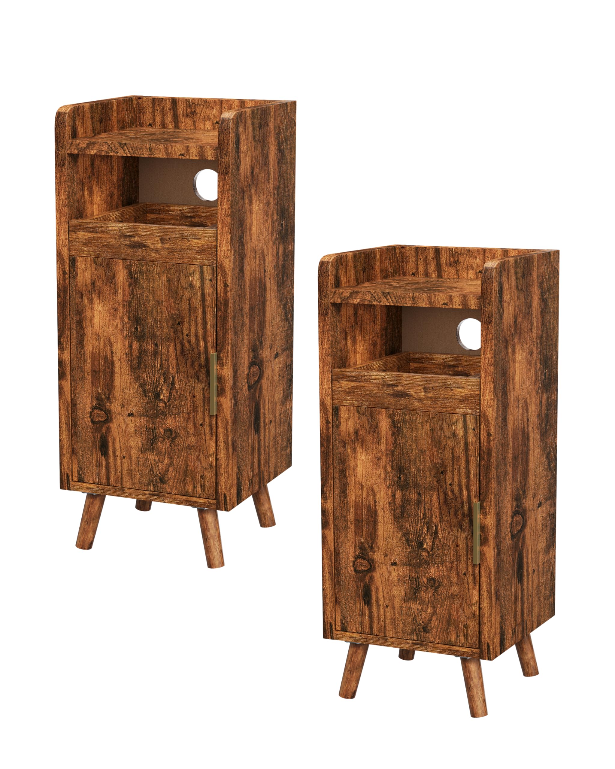 Comodino marrone, set da 2 pezzi, con vassoio estraibile e porta, comodino con manico in metallo, gambe in legno massiccio, comodini con scomparto aperto, comodino per camera da letto
