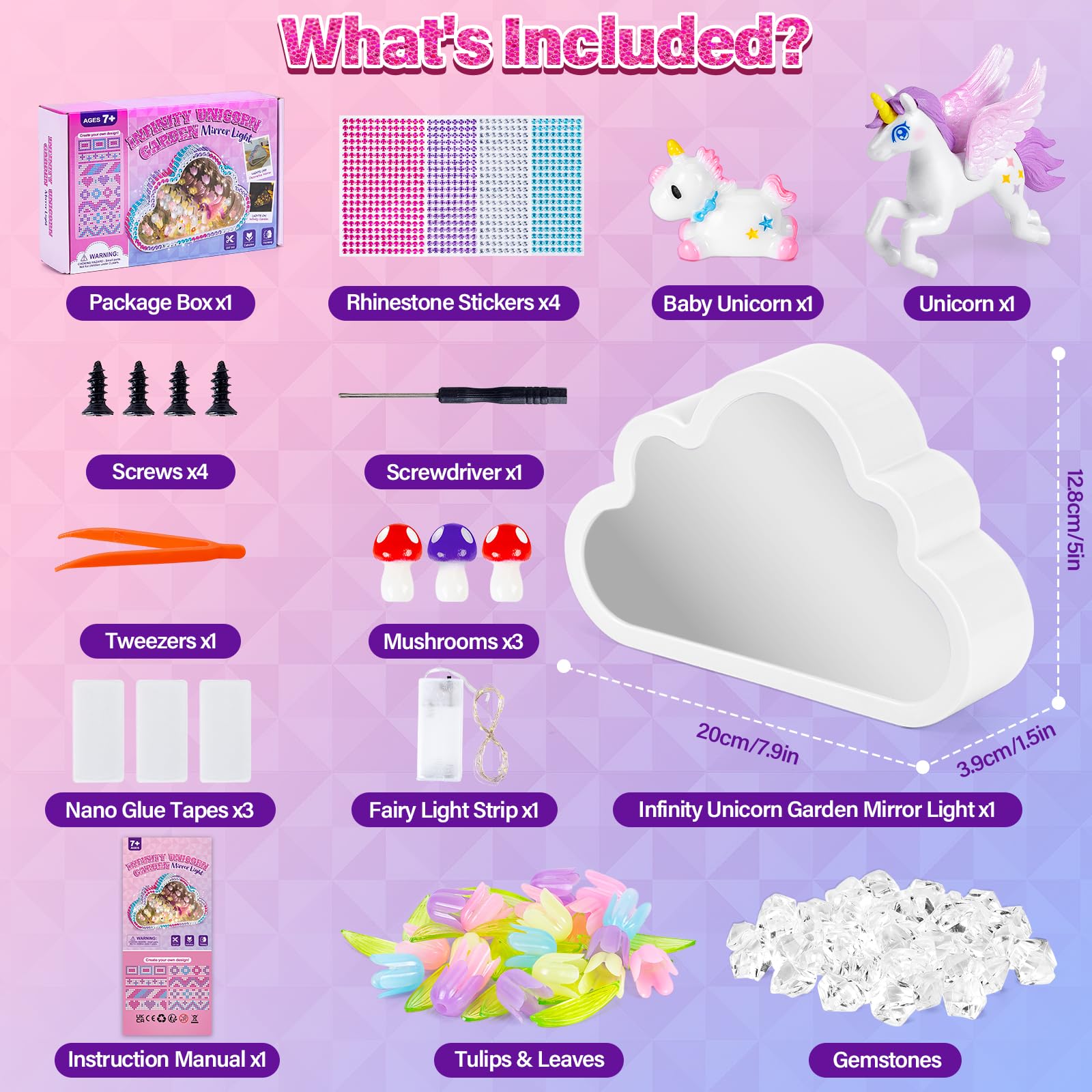 Highttoy Kit Manualidades Niñas, Crear Lámpara Espejo Tulipán Infinita Unicornio 2 en 1, Kit Creativo DIY Luz Nocturna Espejo Nube, Manualidades Niñas 7 8 9 10 Años, Regalo Niña 7-12 Años