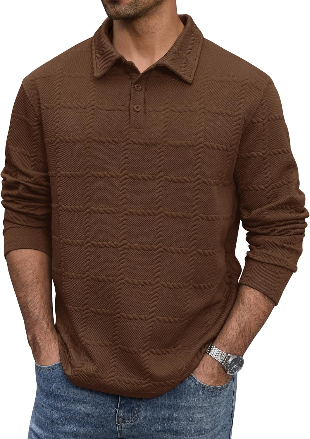Men's Textured Polo Shirt Cable Knit Long Sleeve Button Down Pullover (S-XXL)