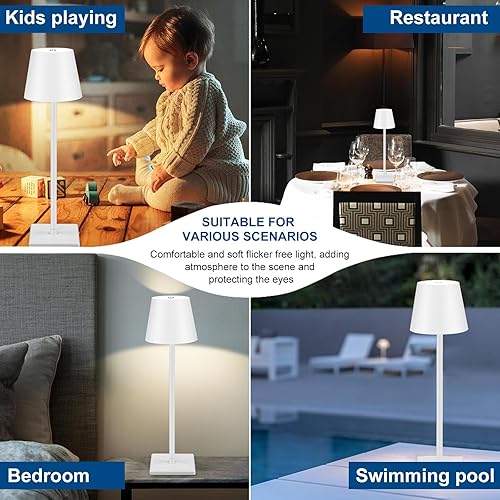 Miniatura 7 de Aiwewin Lámpara de mesa inalámbrica, lámpara de escritorio LED portátil, funciona con pilas, luz de mesa de 5000 mAh, atenuación de 3 colores,