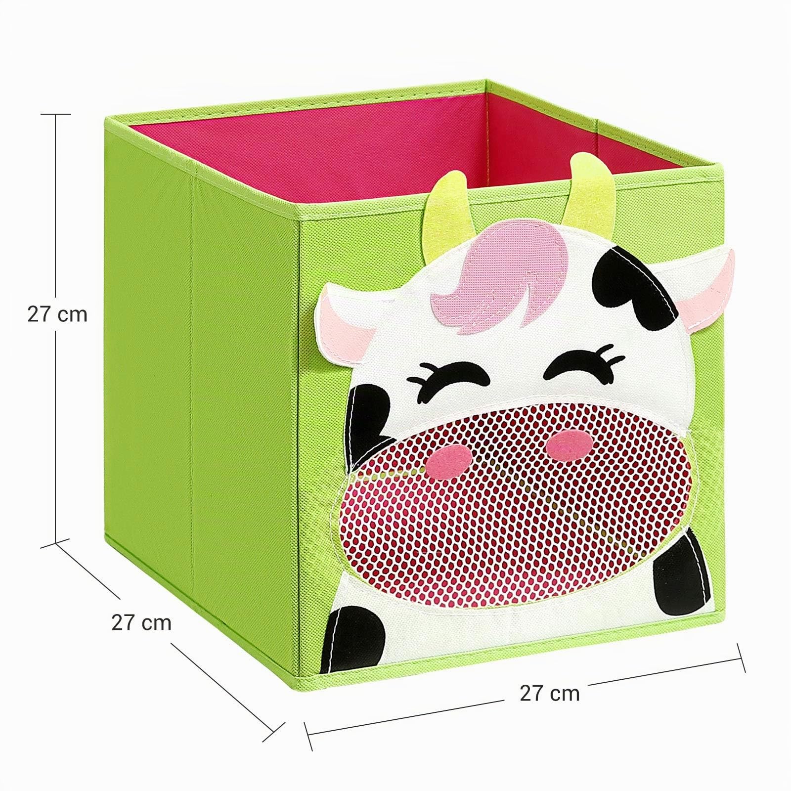 SONGMICS Cajas de Almacenamiento, Juego de 3, Organizadores de Juguetes, Cesta, Plegable, para Habitación Infantil, Sala de Juegos, 27 x 27 x 27 cm, Tema de Animal, Azul, Verde y Rosa RFB01PG