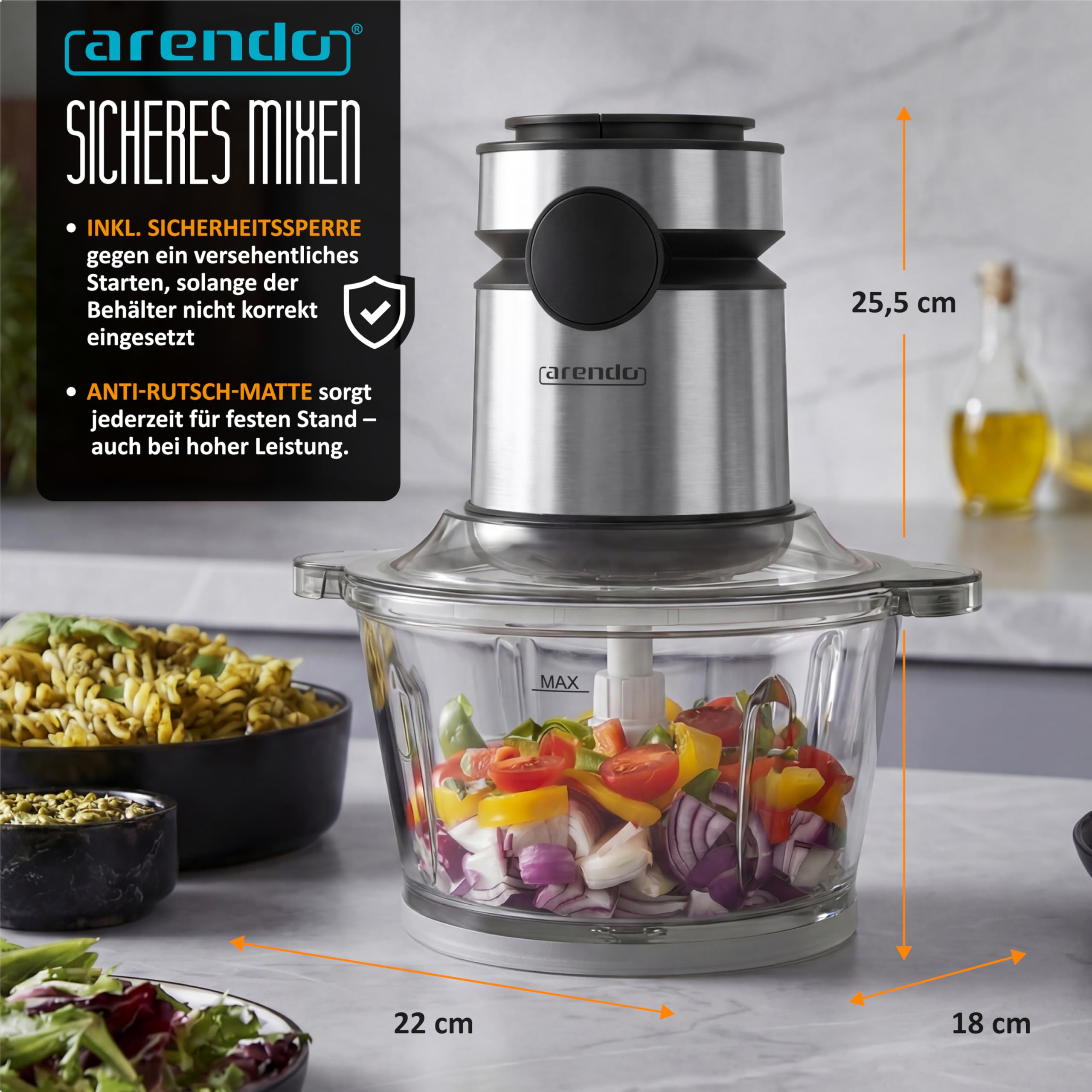 Arendo - Multi Zerkleinerer Küche elektrisch Edelstahl – extra starker 500 W Motor – 2 L Fassungsvermögen – Glas Behälter – mit Edelstahl-Mixbehälter – für Fleisch Nüsse Obst Gemüse u.v.m.