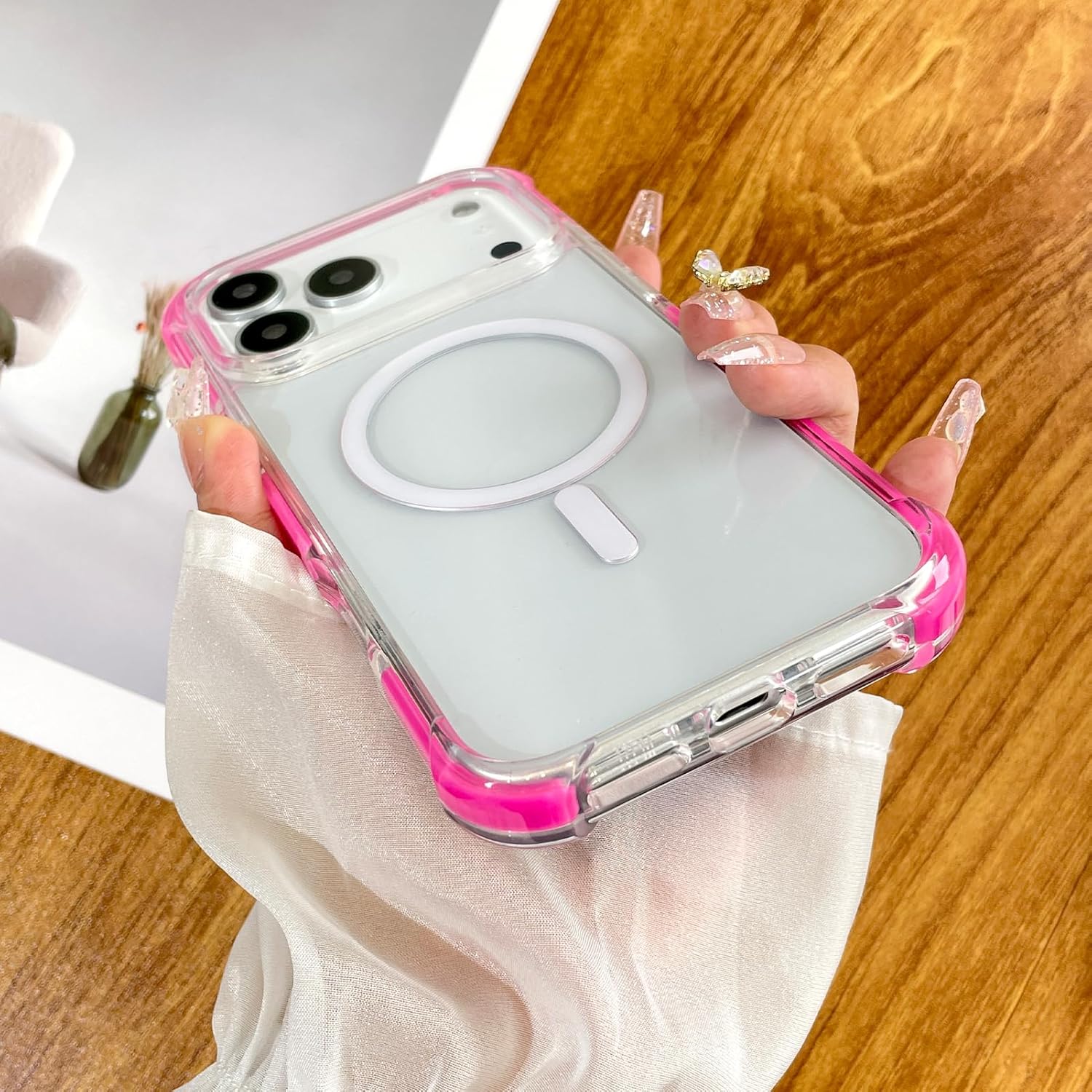 SAKUULO Magnetic Case for iPhone 17 Pro Max Compatible with Magsafe, Slim Anti-Slip Military Shockproof Protective Bumper Clear Cover 6.9 Inch for Women Men, Hot Pink - Image 4