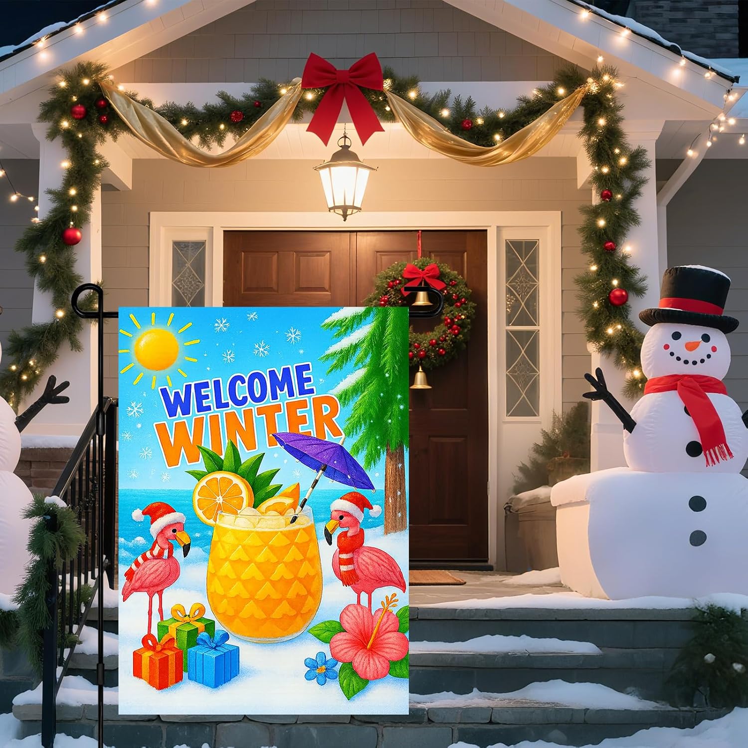 IVN Winter Garden Flag 12x18 Inch Double Sided Christmas Tropical Flamingos and Holiday Drink Outdoor Yard Flag for Outside Home Front Door Lawn Porch Patio Welcome Decor - Image 2