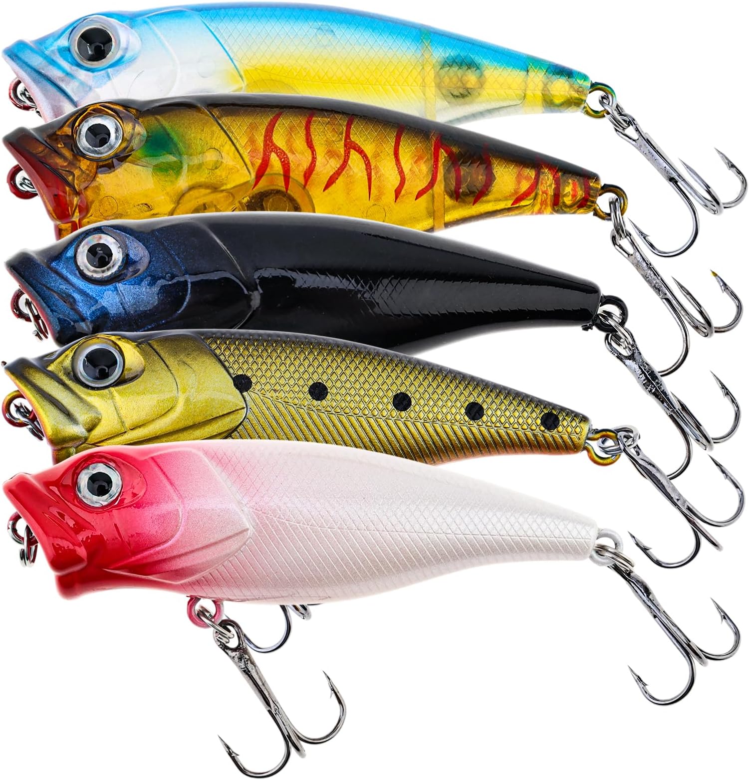OriGlam 5pcs Fishing Popper Lure, Colorful 3D Eyes Topwater Lures Bass Lures Fishing Hard Baits