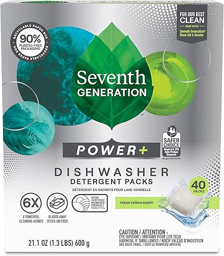 Seventh Generation Power+ - Paquete de detergente para lavavajillas, limpieza que combate la grasa, aroma cítrico fresco, 40 paquetes