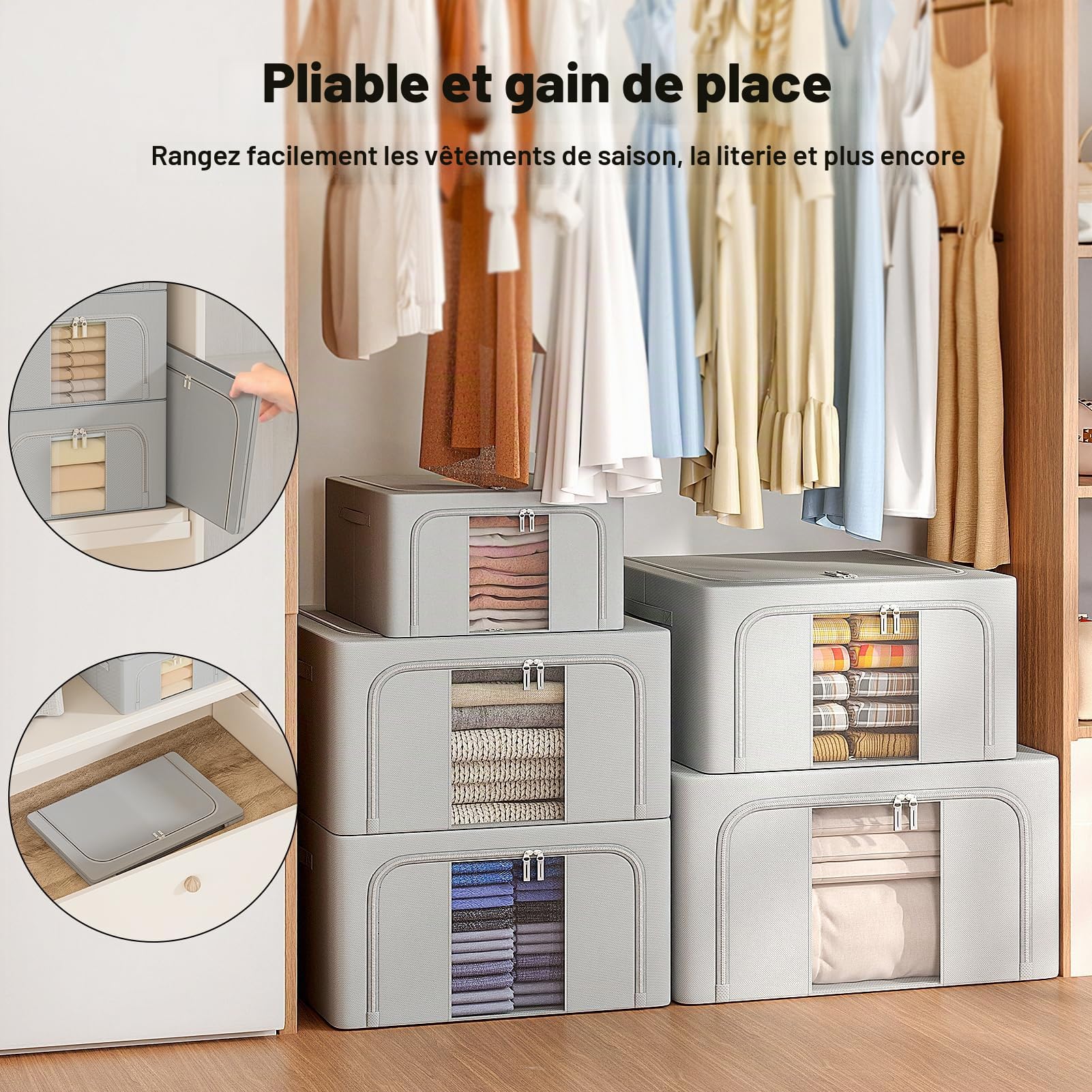 GoMaihe 3 pièces Sac de Rangement Vetement 198L: Boîte de Rangement Pliable - Housse Rangement Couette Organisateur de Placard, Sac Rangement Vetement avec Cadre Métallique - Empilables (Gris,66L)