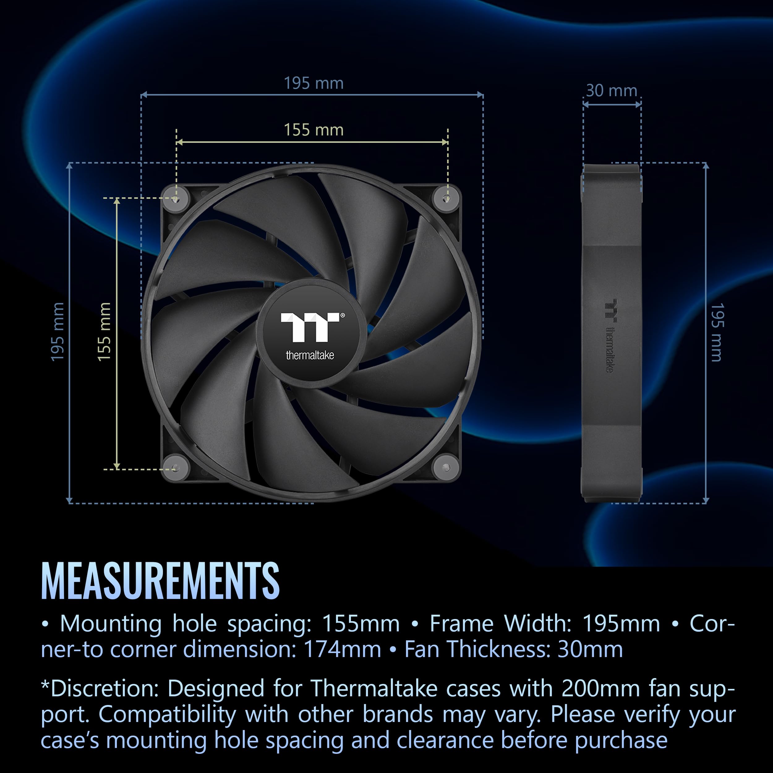 Thermaltake CT200 PWM Ventilateur Single Pack, PWM contrôlé 500~900 tr/min, débit d'air 131,6 CFM, roulement hydraulique, ventilateur de boîtier, 200 mm x 200 mm x 30 mm, noir, CL-F177-PL20BL-A