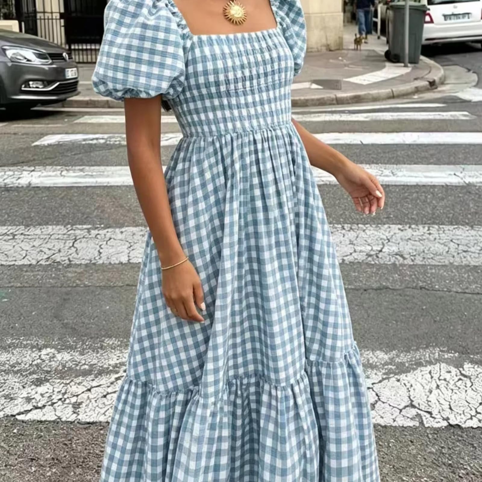 Abito Maxi Vichy Donna Scollo Quadrato Maniche Gonfie Volant