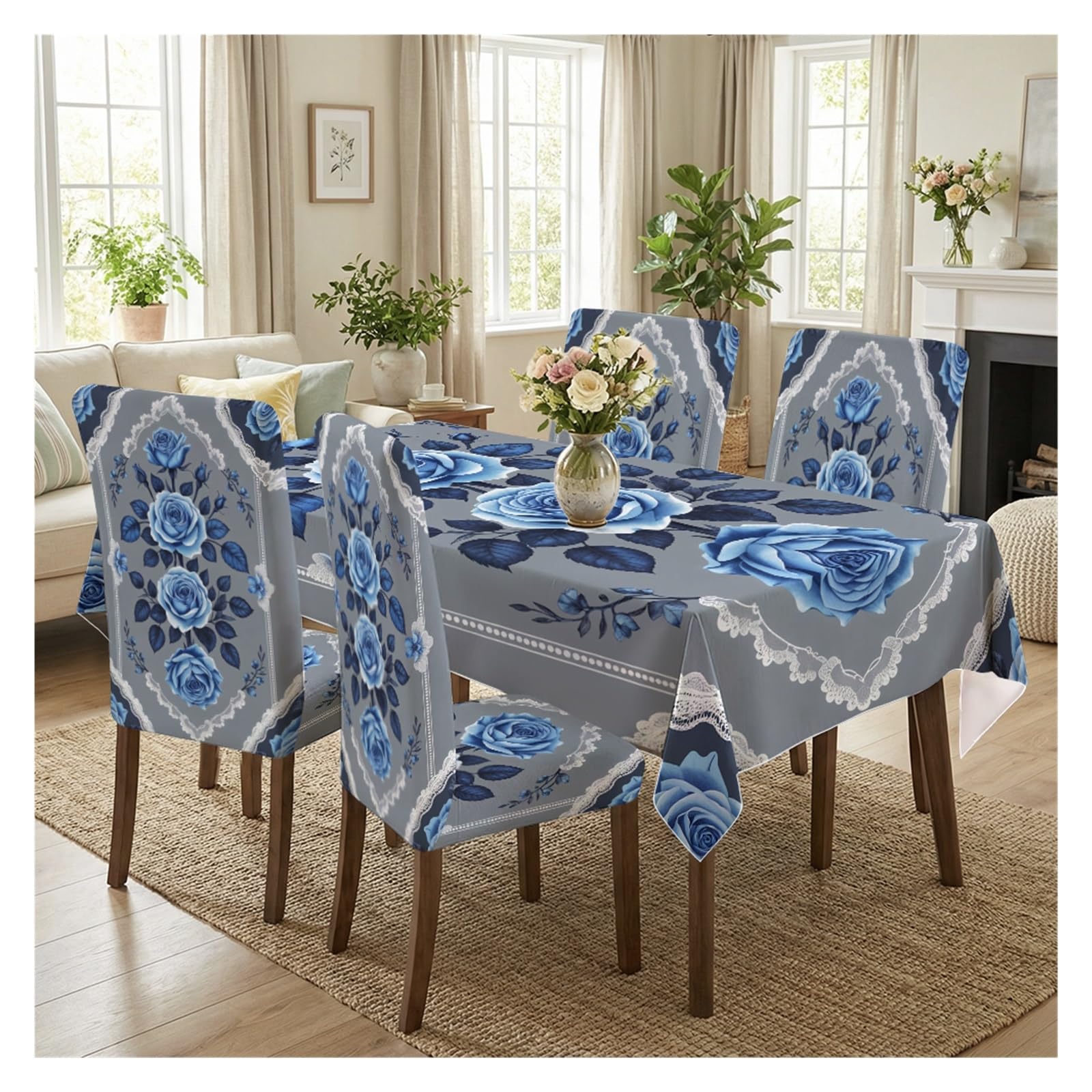 KXUAUV Blue Rose Floral Print Tablecloth & Chair Covers Set, Slipcovers For Dining Room, Kitchen, Wedding & Romantic Decor, 5/7 Pack Party Decor(5pcs Set: Tablecloth+Chair Covers)