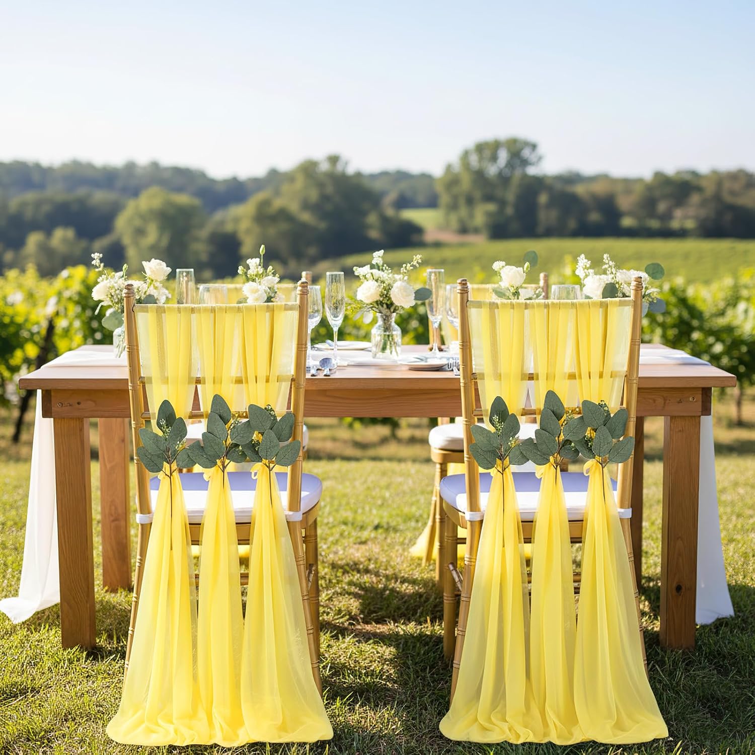 QueenDream Yellow Chair Sashes Wedding: 16 Pieces Long Sheer Wedding Aisle Chair Decorations Tulle Chairs Covers with Artificial Eucalyptus