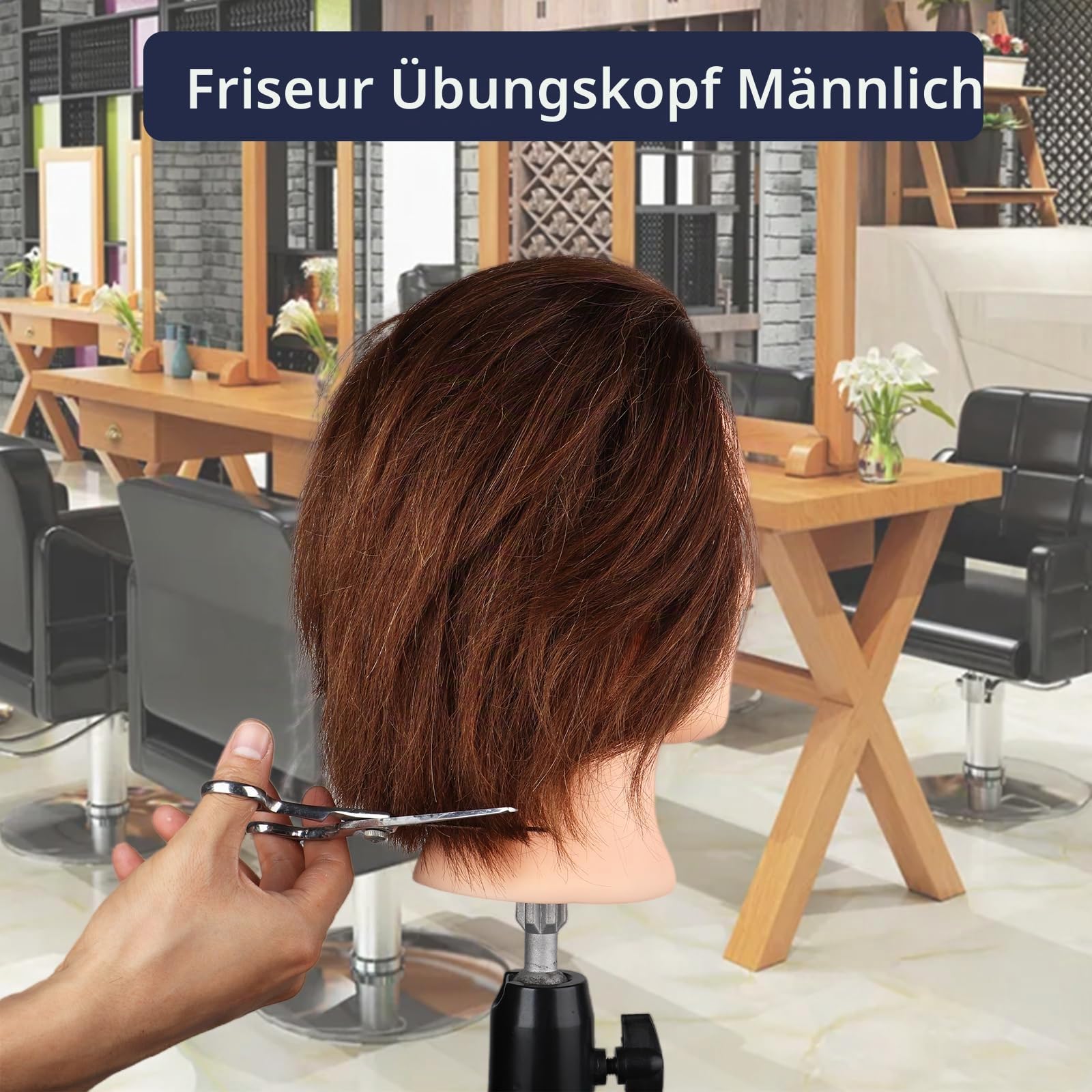 Mann Frisierkopf 100% Echthaar, Frisurenkopf Männlicher Haarschnitt Übungskopf mit Braun Haar, Friseur Kopf Mannequin Head Puppenkopf mit Tischklemme (35 cm)
