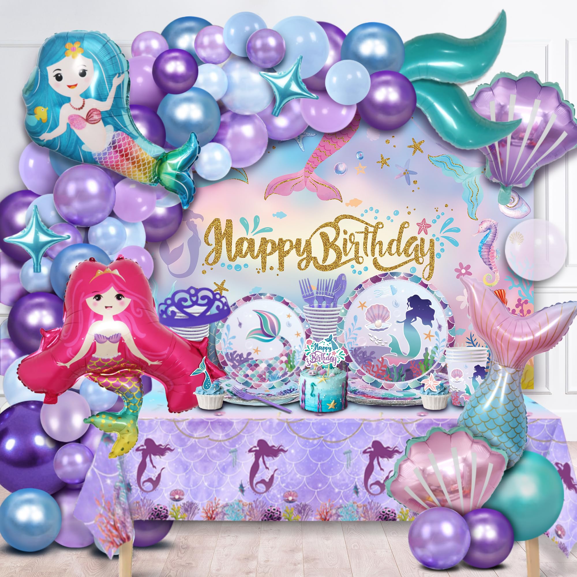 Party Spot! 193 pcs Mermaid Birthday Decorations For Girl, Mermaid Party Decorations Supplies Kit, 16 Tableware Sets, Balloon Arch,Disposable Paper