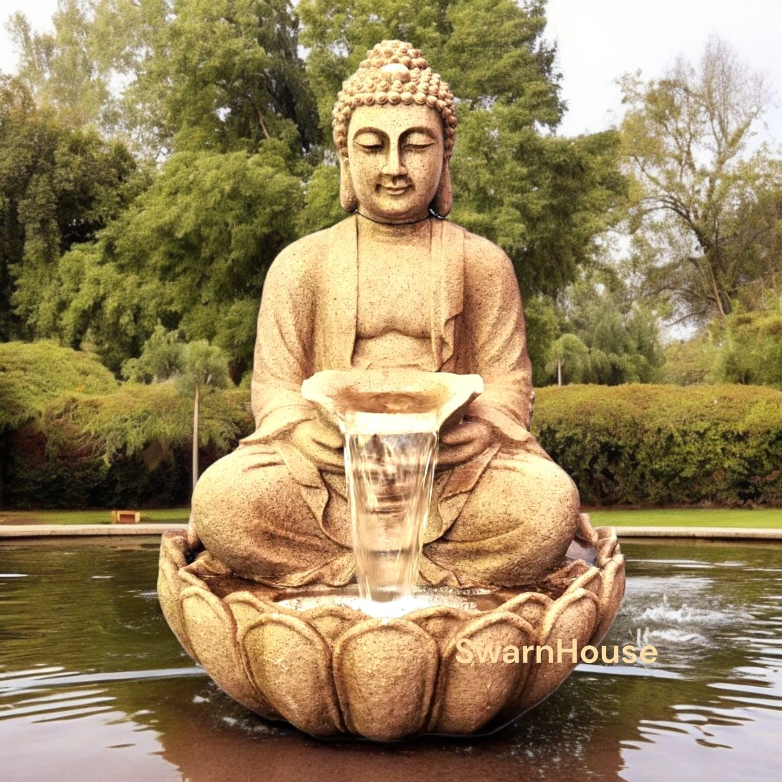 Swarn House Decor's Fiberglass Buddha Lotus Water Fountain With Light, 91 Cm, Decorative Outdoor Garden Fountain For Home And Office 3 Feet (Brown)
