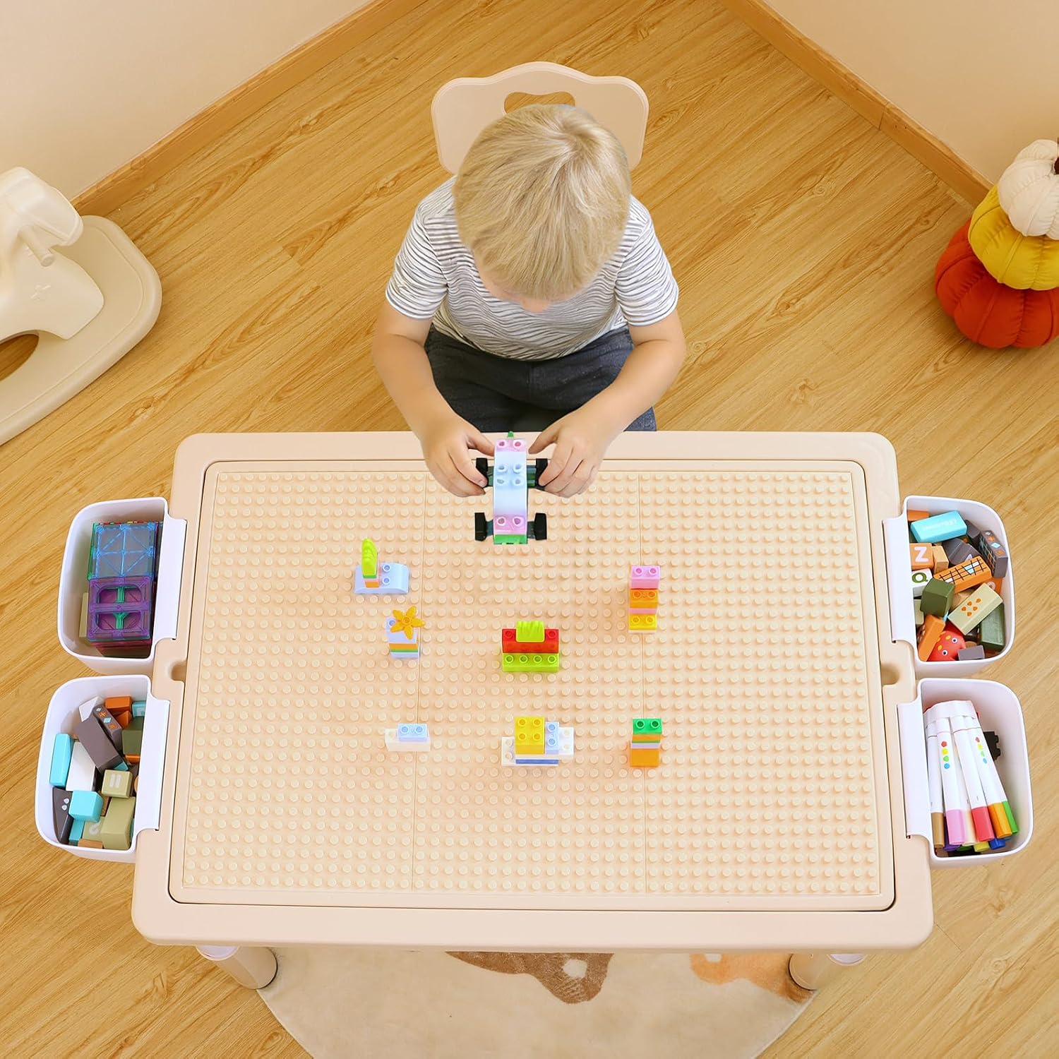4 in 1 Kids Table and 2 Chairs Set, Large Storage Toddler Table and Chair Set with 4 Side Box, Graffiti/Building Blocks Double-Sided Tabletop, Multi-Functional Children Activity Table