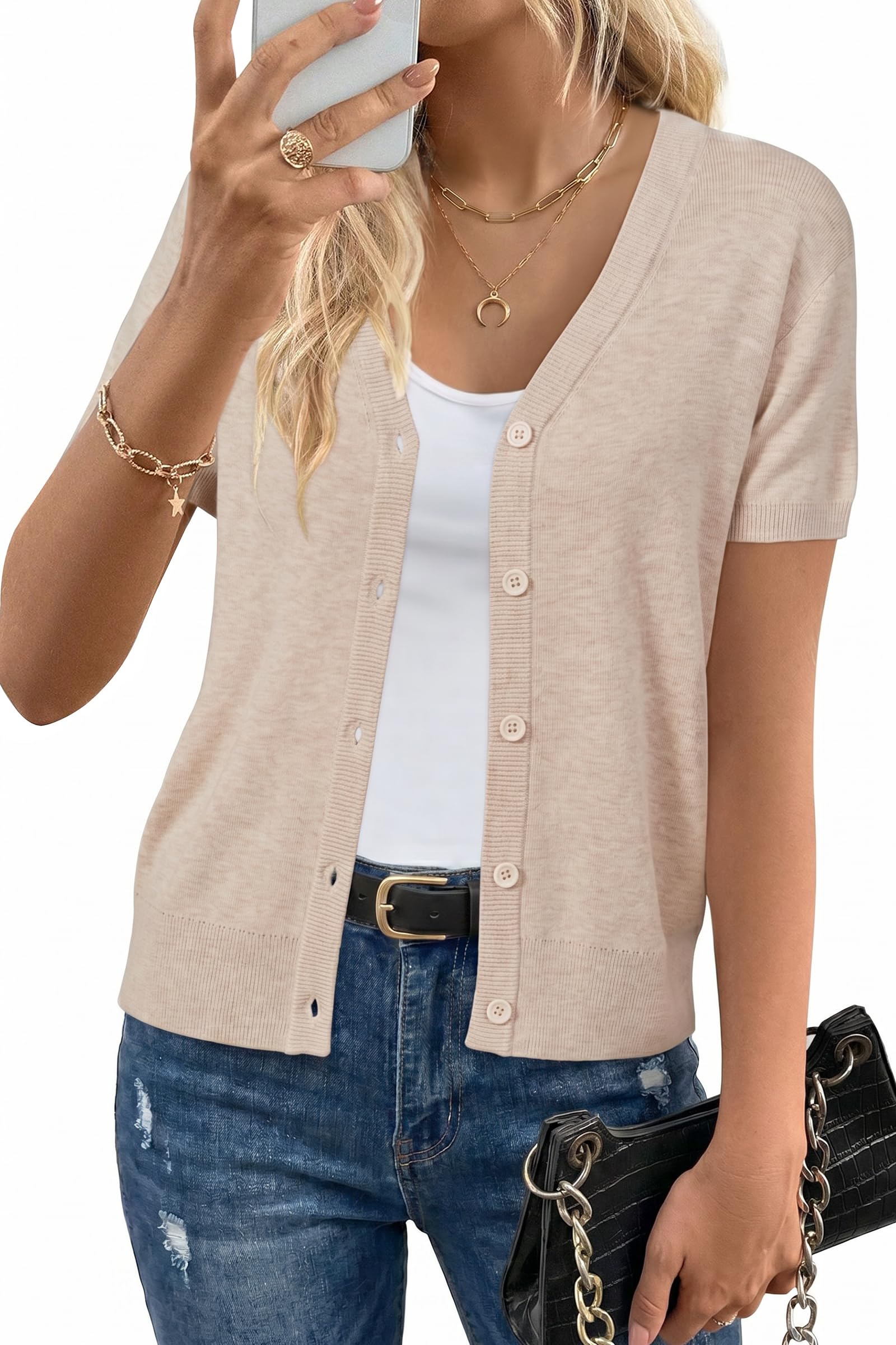 Arach&Cloz Cardigans pour Femmes, Manches Courtes, boléro en Laine mélangée, Hauts d'été Courts et décontractés
