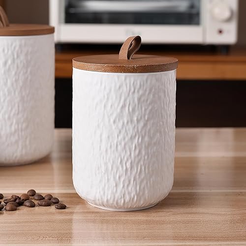 Miniatura 9 de JOJUNO Juego de recipientes de cerámica blanca con tapa de madera, tarros herméticos de almacenamiento de alimentos de 3 piezas para encimera de