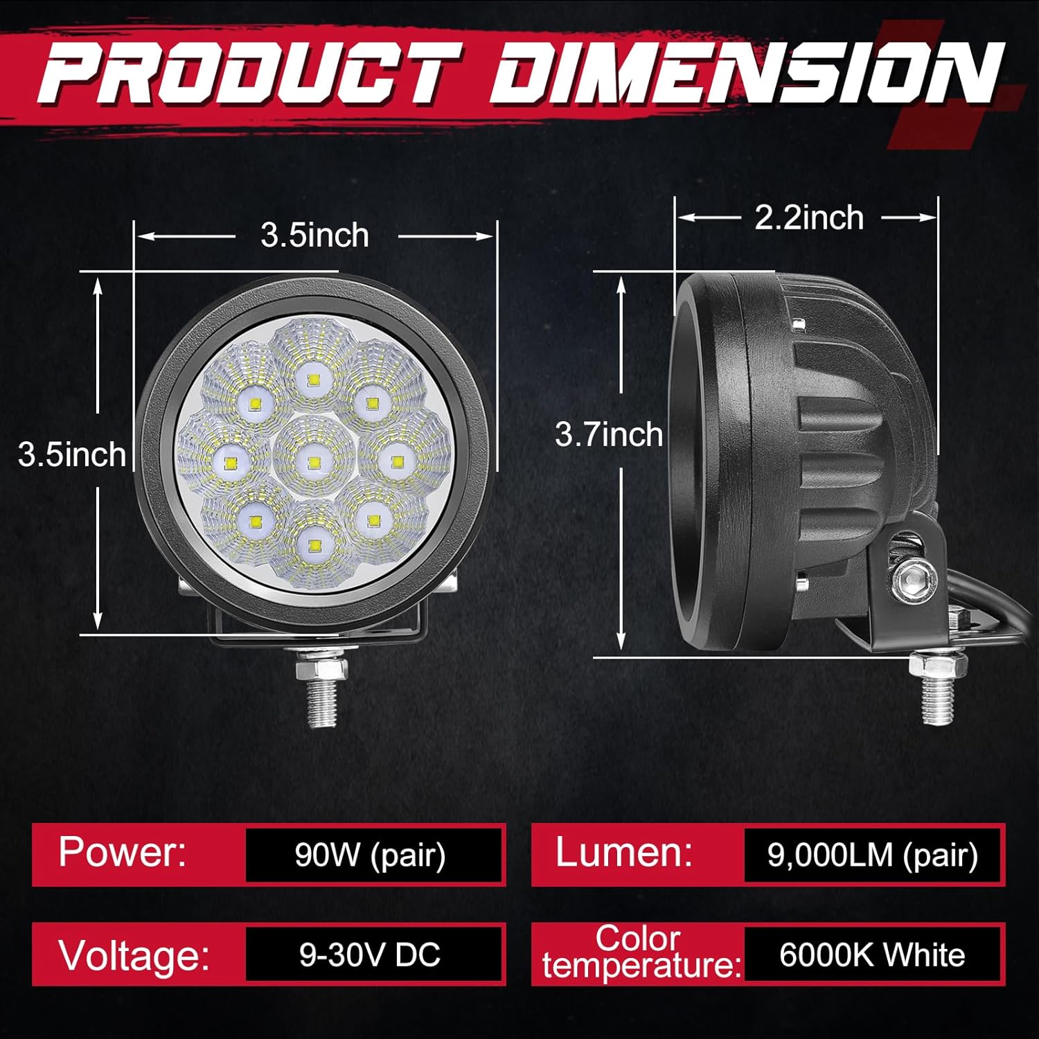 OFFROADTOWN 3.5 Inch Round Offroad Lights 2PCS 90W Flood Round Fog Lights Driving Light Bumper Light LED Pods for Trucks SUV UTV ATV Motorcycle Honda Chevy 4x4