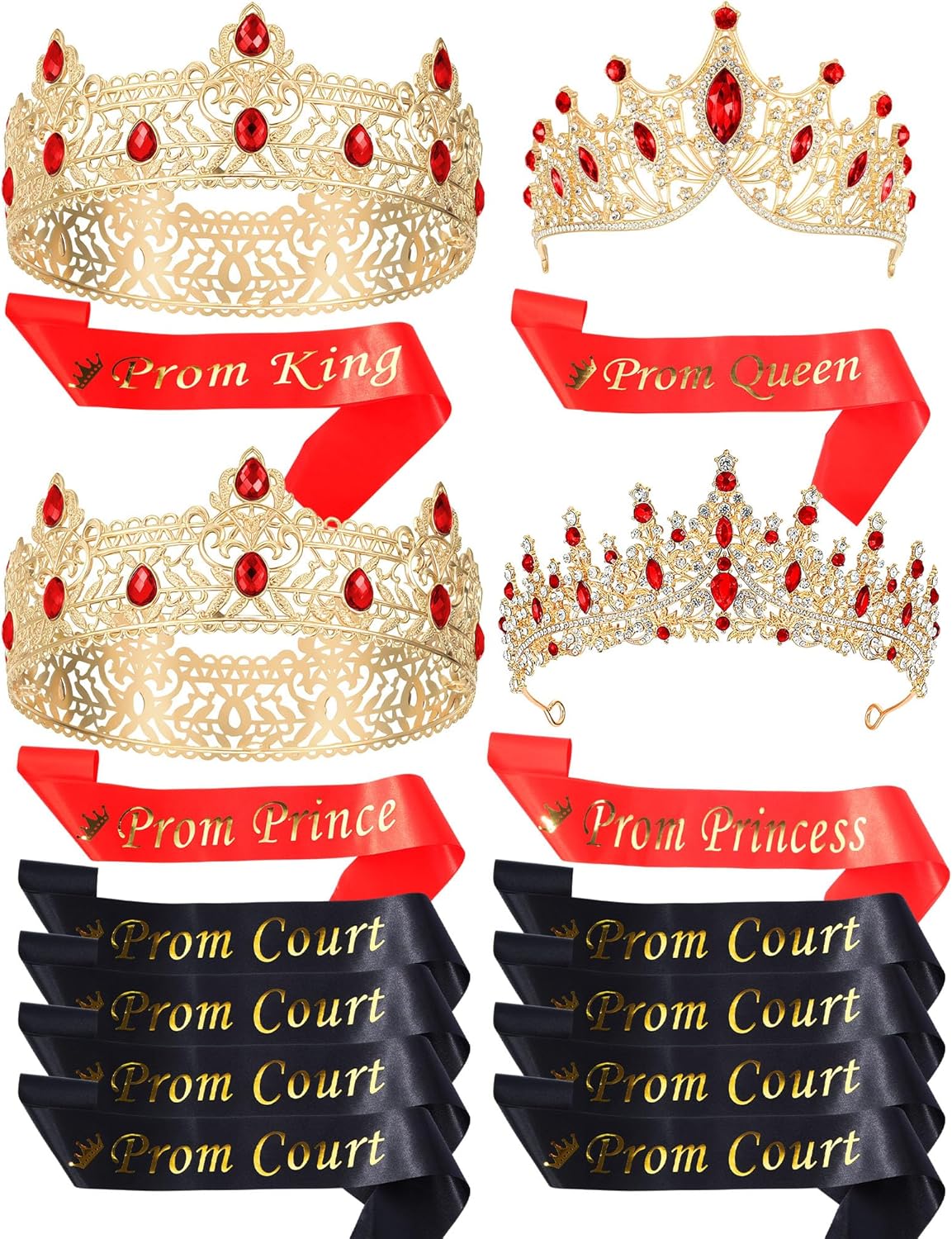 Ferreve 16 Pcs Prom King/Queen Crown and Sash Set Crystal Rhinestones Tiaras with Prince/Princess Court Sash for Birthday Wedding Party Accessories(Red)