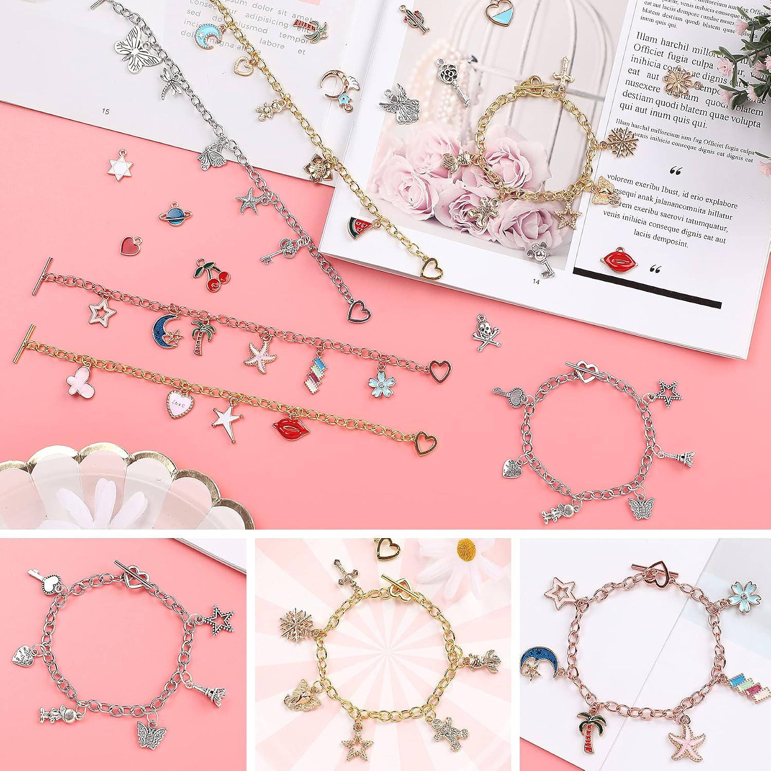 UPINS 448Pcs Charm Bracelet Making Kit, 15Pcs Bangles Chain with Heart Toggle Clasp, 130cs Mixed Charms, 300Pcs Jump Rings, Jewelry Making Tools and Gift Box for DIY Jewelry Craft Supplies