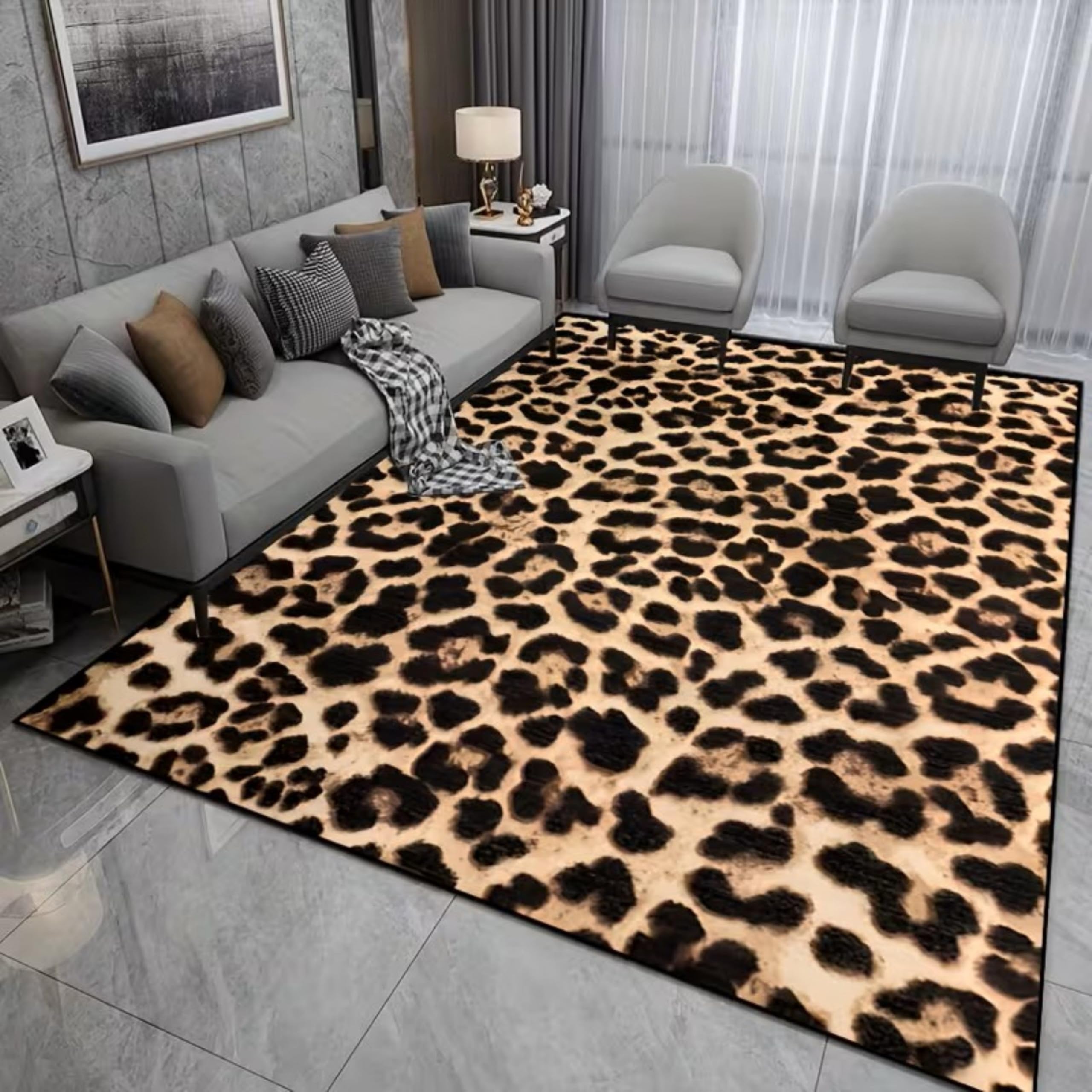 Classic Leopard Print Rug 180x230cm Beige Background With Black Speckled Pattern, Natural Leopard Print Soft Rugs, Non-Slip, Washable, Suitable for Bedroom, Dining Room, Living Room, Home Decor