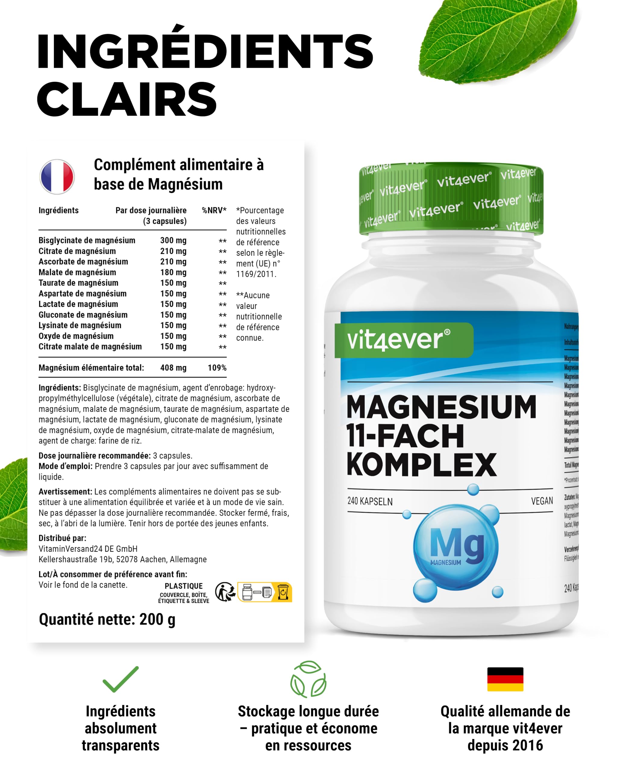 Complexe de Magnésium - 240 gélules - 11 composés de haute qualité - 408 mg de magnésium élémentaire par dose journalière - Hautement dosé - Vegan