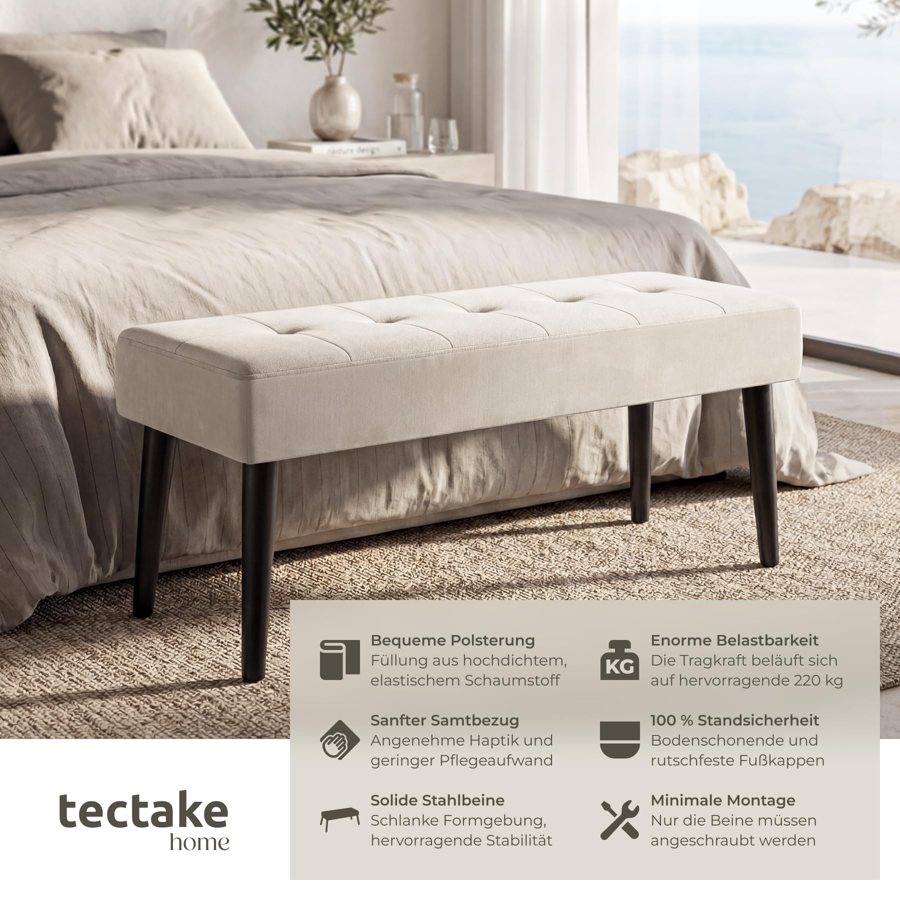 TecTake® Sitzbank, 95 x 38 x 45 cm, edles Steppmuster, belastbar bis 220 kg, gepolstert, bodenschonende Kappen, pflegeleicht, Polsterbank, Bank, Sitzgelegenheit, Flurmöbel - Samtoptik Taupe