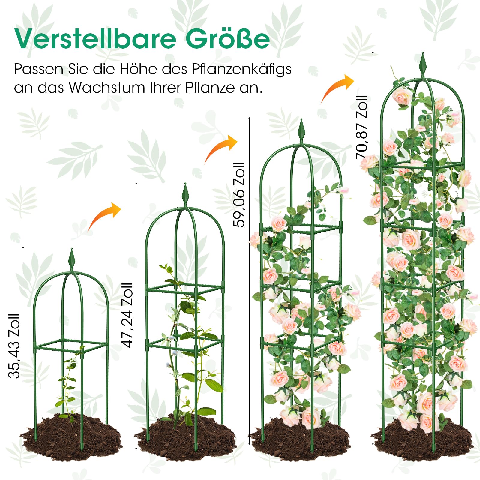 2er Set Garten Obelisk Rankgitter, 180 cm Rankhilfe Zimmerpflanzen, Pflanzturm Rostschutz Pulverbeschichtung, Rankhilfe Obelisk für Rosen Clematis Kletterpflanzen, Innen & Außen, Grün (4 Schichten)