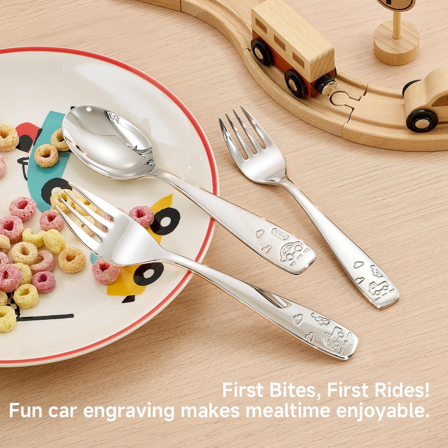 KINGSTONE 6 Pieces Kids Utensils Set, 18/10 Stainless Steel Kids Silverware, 3 Forks & 3 Spoons, Food-Grade Flatware, Cute Car Design, Dishwasher Safe for 2+ Year Old Children Self-Feeding