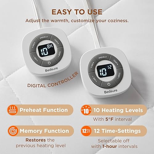 Miniatura 3 de Bedsure - Protector de colchón térmico cepillado, con memoria y precalentamiento, temporizador de 12 horas y 10 ajustes, controlador doble, apagado