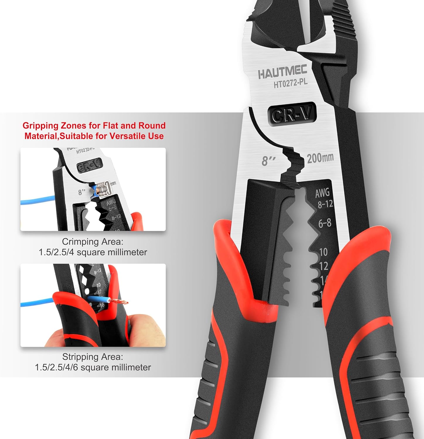 HAUTMEC 8" Diagonal Cutting Pliers, 4 in 1 Multifunction Side Cutters Pliers with Pro-High Leverage, CRV Steel Heavy Duty Wire Diagonal Cutters for Electricians, Mechanics & DIY, HT0272-PL - Image 5