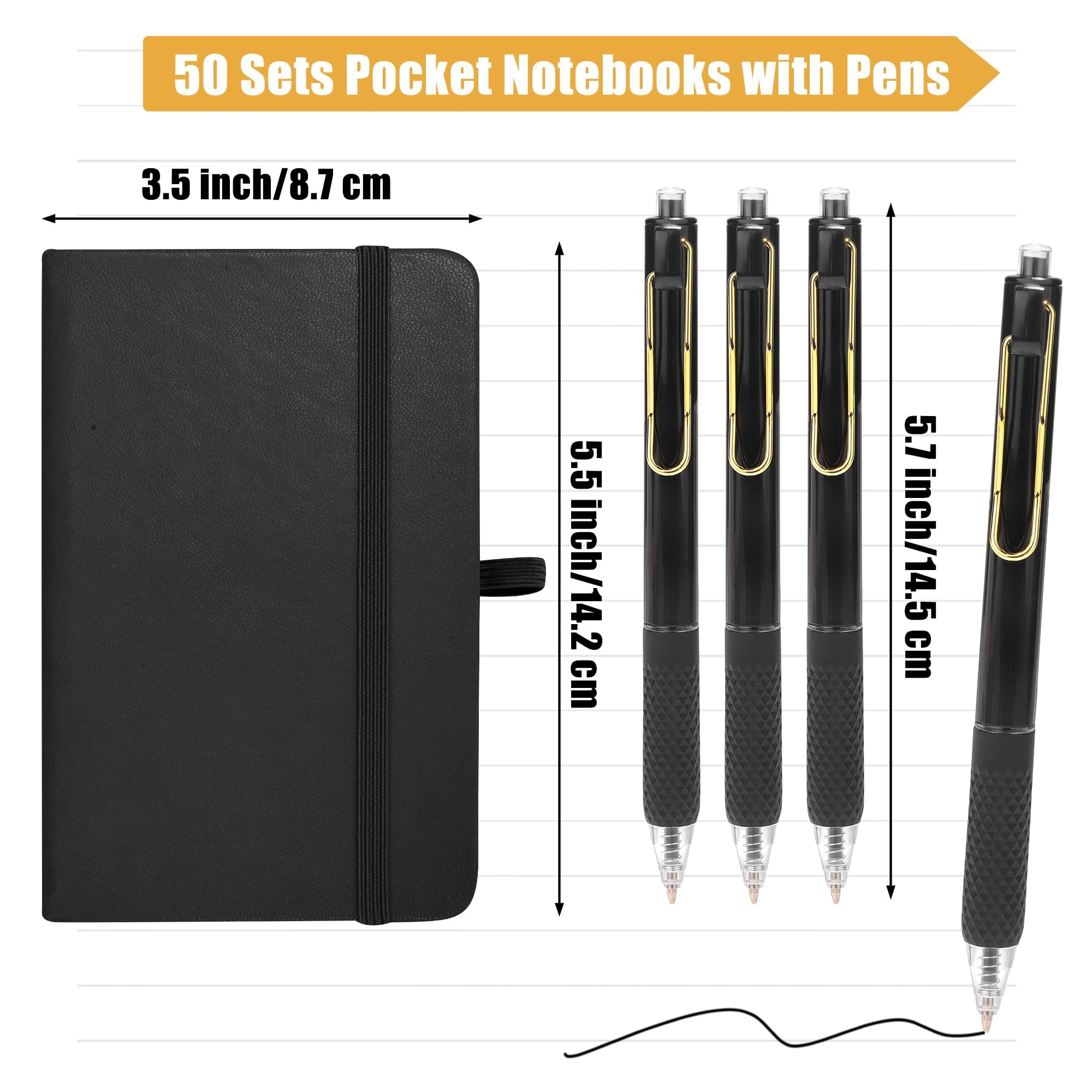 Aodaer 50 juegos de cuadernos de bolsillo con bolígrafos, 160 páginas, 3.5 x 5.5 pulgadas, mini cuaderno rayado A6, tapa dura de cuero con soporte para bolígrafo, para escuela, oficina, negro y dorado