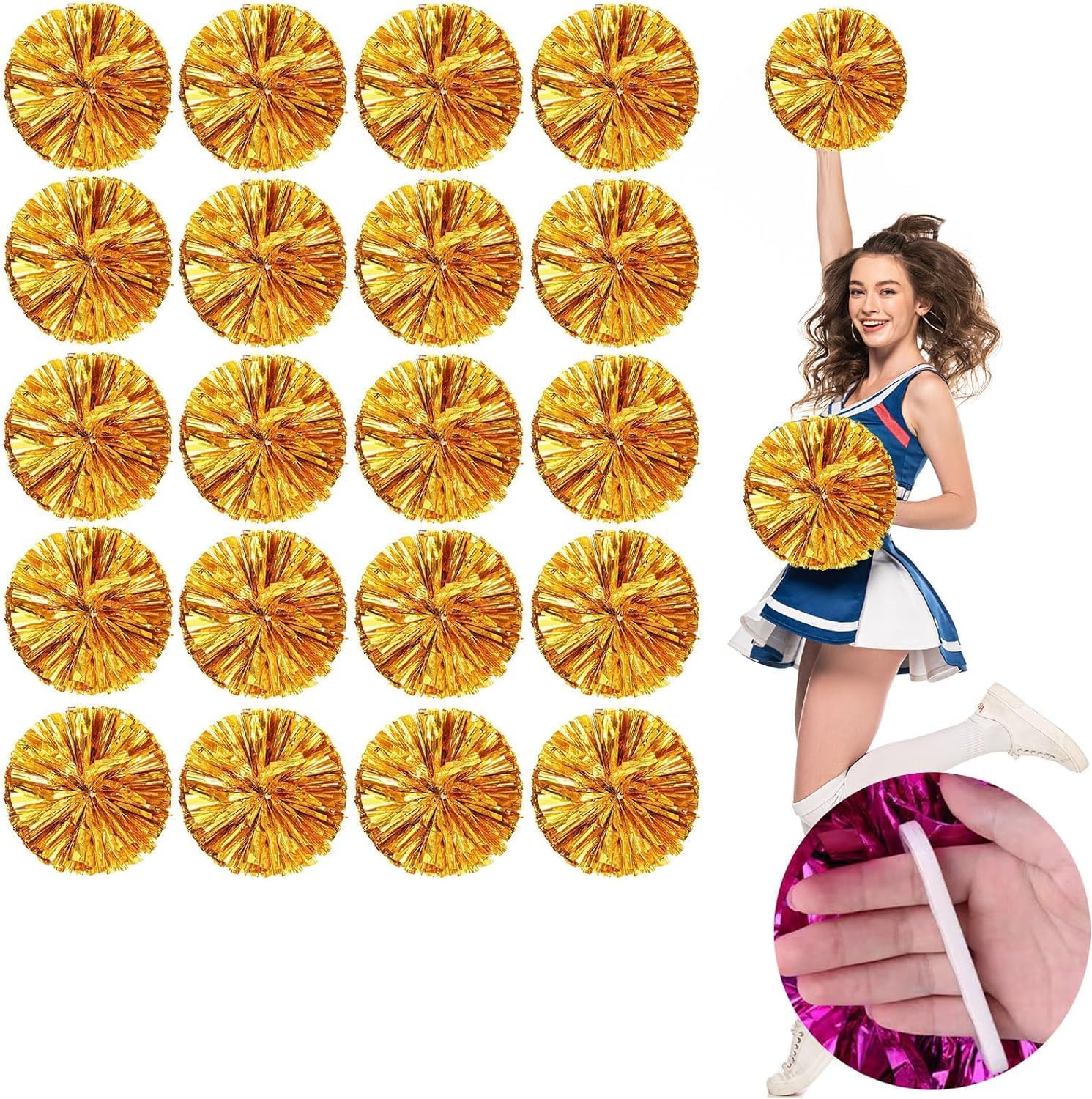 20 PCS Cheerleading Pom Poms, 30cm Cheerleader Pompoms with Baton Handle Cheering Squad Pompoms for School Dance Sports Team Spirit Cheering (Golden)