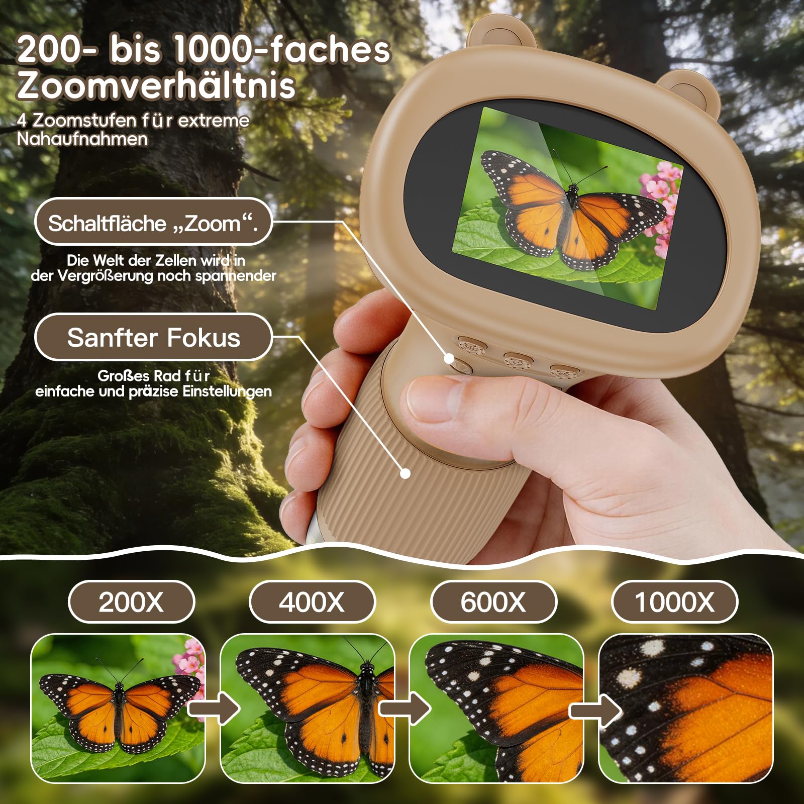 Mikroskop für Kinder - Tragbares Kinder Mikroskop 1000X, Braun | 1000X Taschenmikroskop mit Digitalem HD-Bildschirm [Inkl Fotofunktion] für Garten, Wald, Experimente & Geschenk, Kinder
