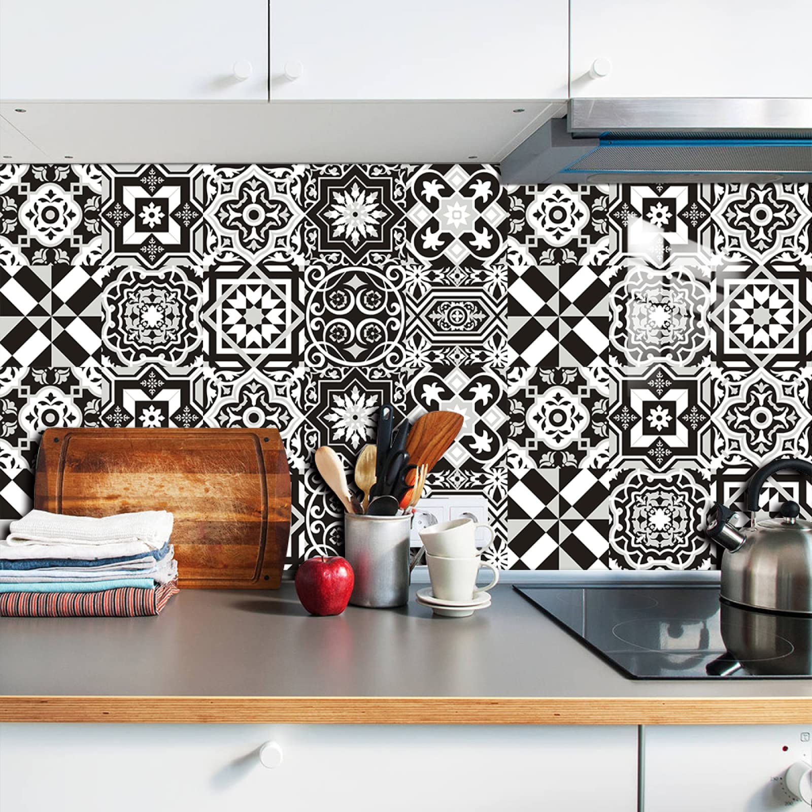 Piastrelle Adesive Cucina 10x10 Bianco Nero Piastrelle Adesive Bagno Pavimento Adesivo Paraschizzi Cucina Adesivo Piastrelle Ceramica Carta Adesiva Per Mobili Vintage(10 Pezzi - 4