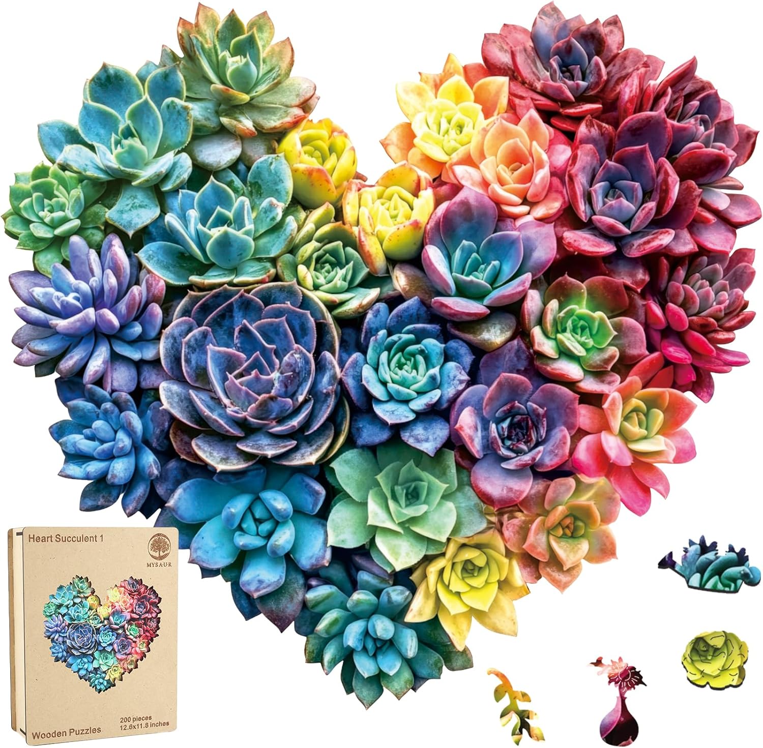 MYS A·U·R Heart Succulent Puzzles for Adults 200 Pieces, 5MM Thick Unique Shaped Flower Jigsaw Puzzles Birthday Gifts for Kids Family Game 11.8 * 12.6inch