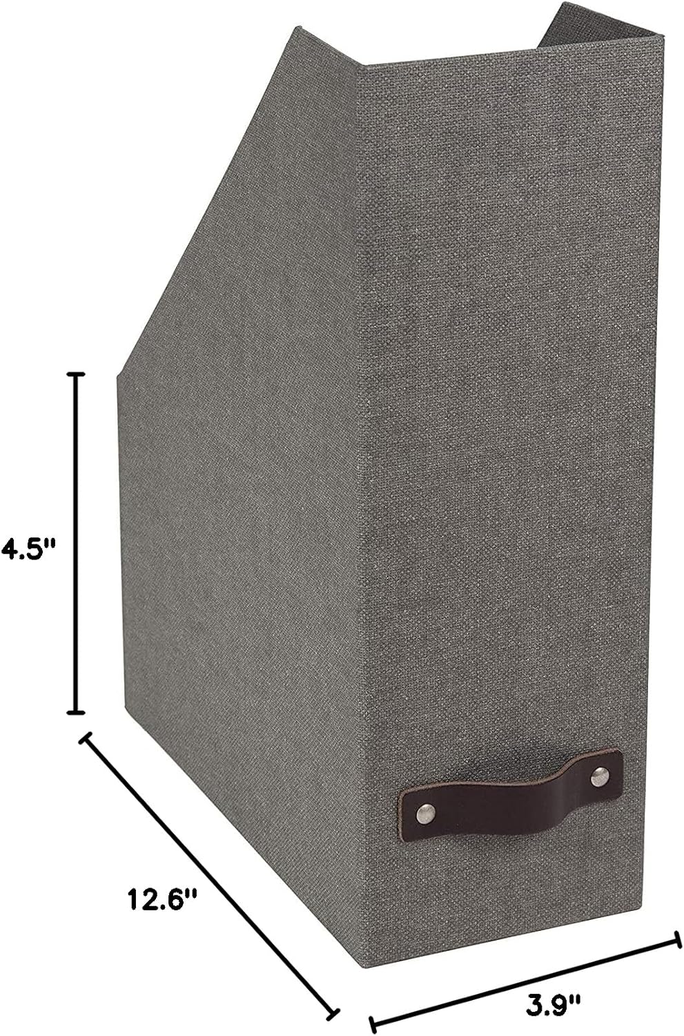 Bigso Box of Sweden Estelle Canvas Fiberboard Upright Magazine Storage Box Organizer for Papers & Catalogs w/Leather Handle | Magazine File Holder for Office Desks | 12.6" x 4.5" x 9.8" | Gray