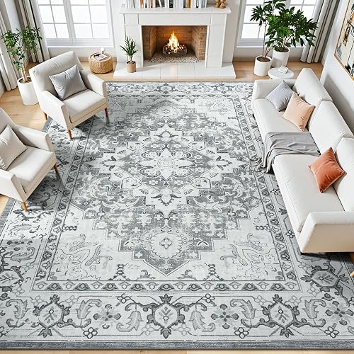 Lessymo 8x10 Washable Vintage Rug (Grey/White)
