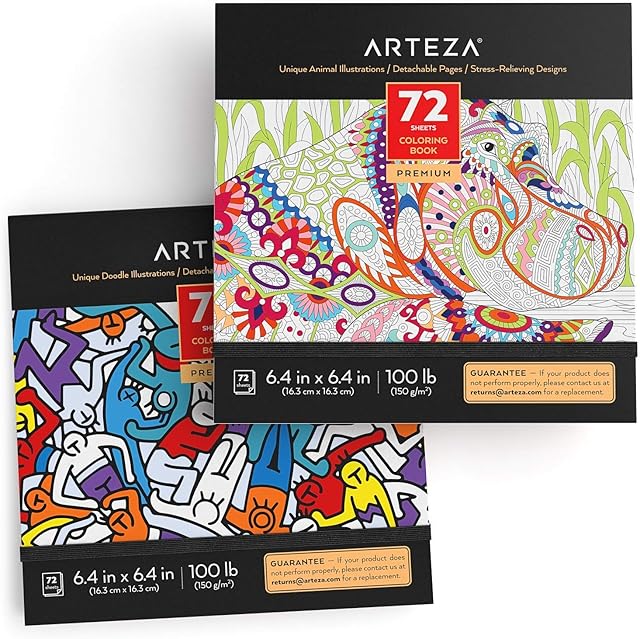 Arteza Adult Colouring Books, Animal & Doodle Designs, 2-Pack, 144 Sheets Total, 100 lb, 6.4x6.4 Inches, for Anxiety, Stress Relief & Relaxing, Detachable Pages