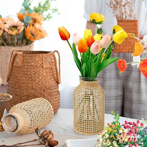 Vista 7 de MDEOOSKY Straw Woven Glass Vase 7.87''x1.96''x4.13''Boho Glass Flower Vase Country Rustic Style Vase Glass Vase for Floral Arrangements Bottle
