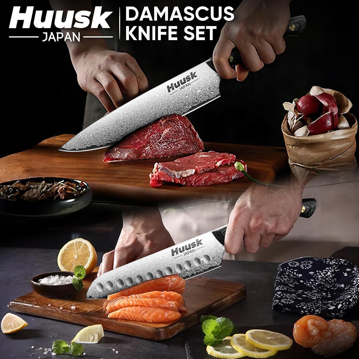 Huusk Damascus Chef Knife Set 3 PCS，VG10 Santoku Knives set，Damascus Kitchen Utility Knives set with Ebony Handle, Paring Knives Set for Meat Vegetable Fruit, Christmas Gift for Men and Women - Image 6
