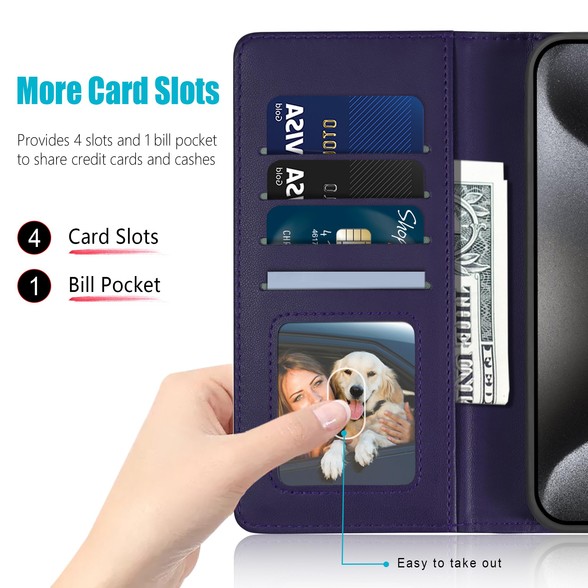 Kuafcase Compatible for iPhone 15 Pro Max Case with 4 Card Slots Magnetic Closure Kickstand Shockproof Protective Phone Case Compatible for iPhone 15 Pro Max - Image 2