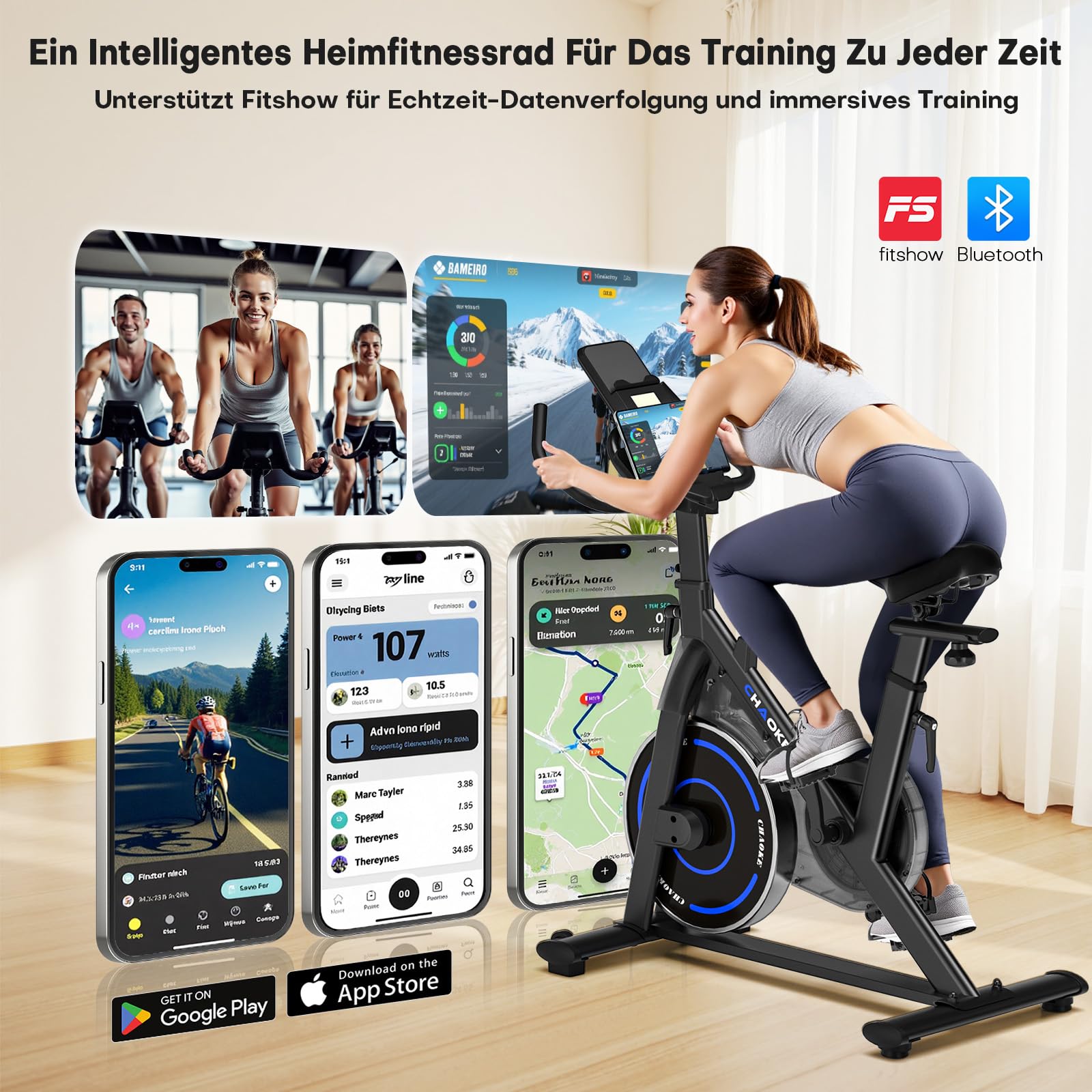 [UPGRADE] Heimtrainer Fahrrad mit APP, CHAOKE Hometrainer Fahrrad, Leises, Stufenlos Einstellbares Magnetsystem, Ergometer Heimtrainer mit LCD-Display, Indoor Fitnessbike für Zuhause, Bis 150KG