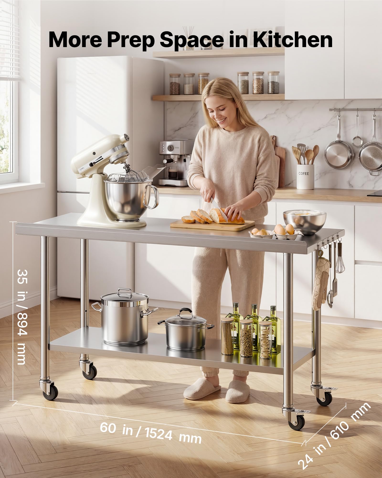VEVOR Edelstahltisch Gastro 1524 x 610 x 894 mm, Verstellbarer Edelstahltisch mit Rollen, Aufkantung (30 mm), Arbeitstisch mit Grundboden für Restaurant Obere Ablage (254 kg) Untere Ablage (209 kg)