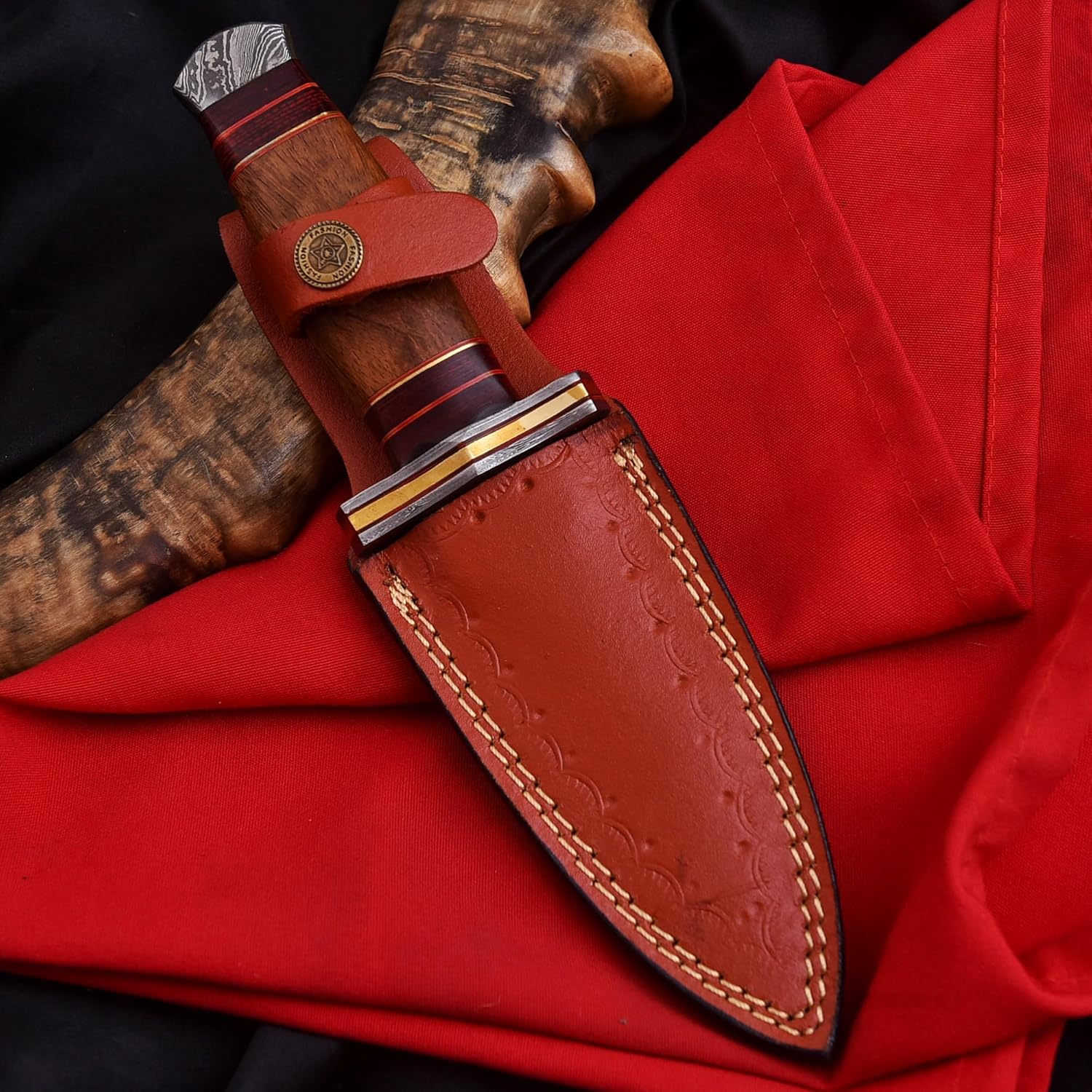 4.5in Small Fixed Blade Double Edge Dagger Knife Edc Damascus Steel for Hunting with Leather Sheath Wood Handle